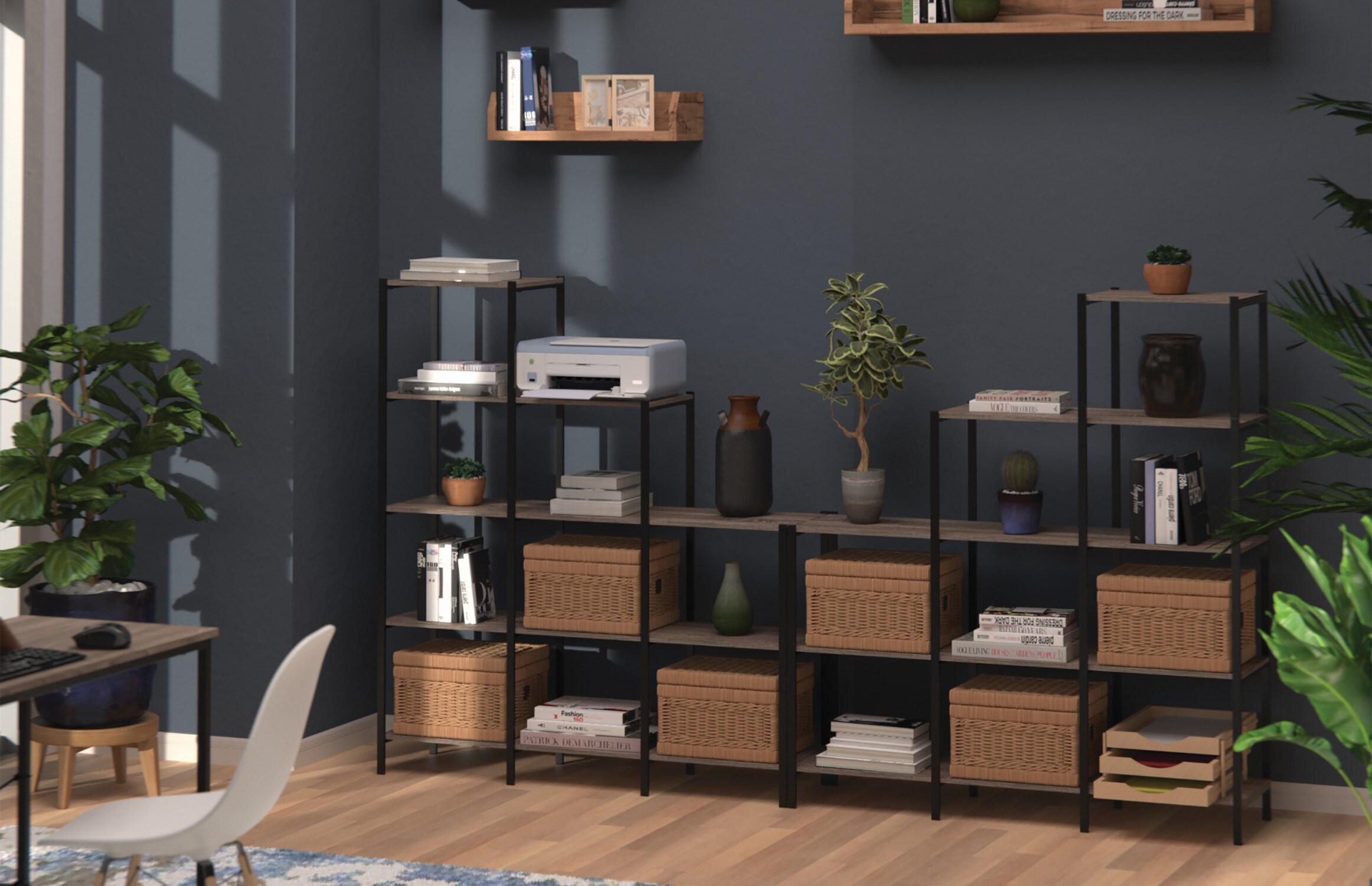 Weathered Gray 5-Tier Ladder Bookcase with Black Metal Frame