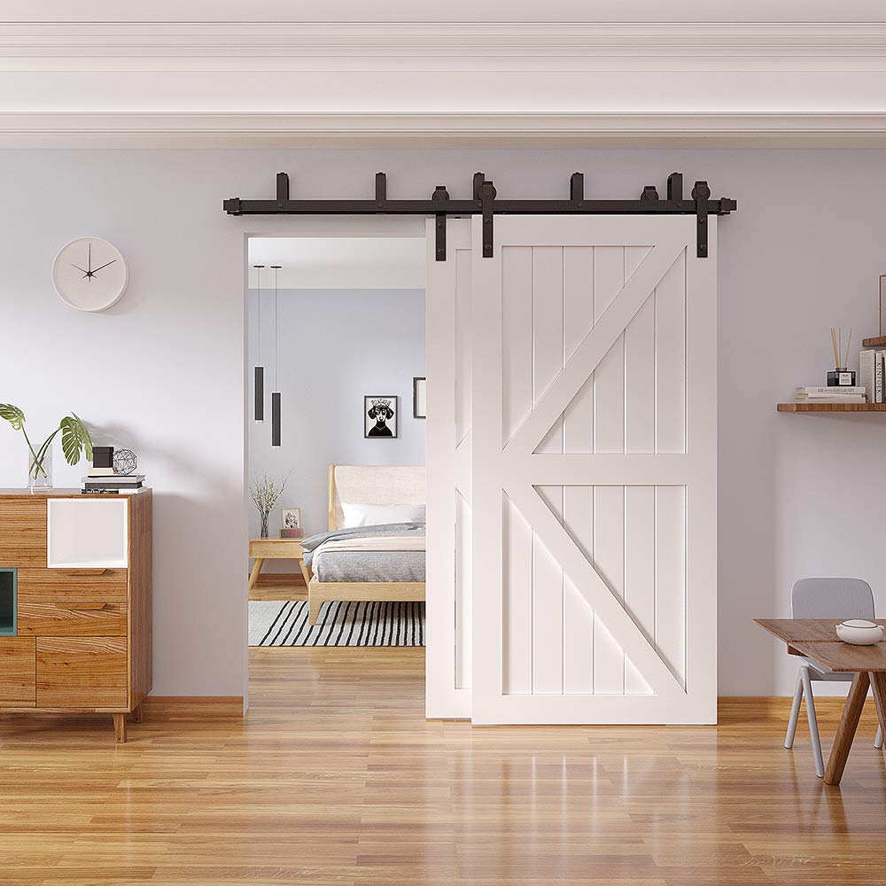 WINSOON 72-in Matte Black Indoor J-strap Double Bypass Barn Door ...