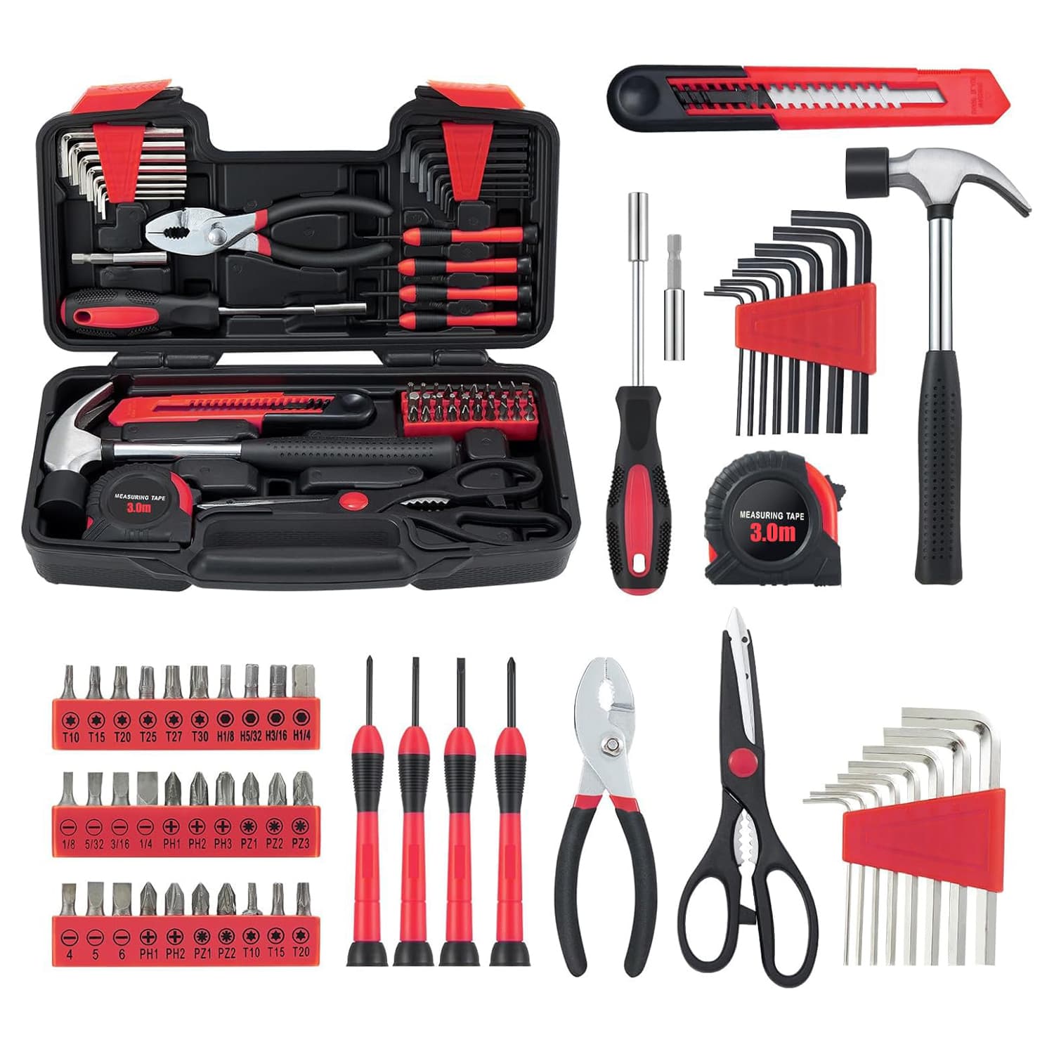 Etokfoks  58 Piece Household Tool Kit with Claw Hammer Screwdrivers Hex Keys Pliers Tape Measure Utility Knife in 12.5x7.5x3 Inch Case