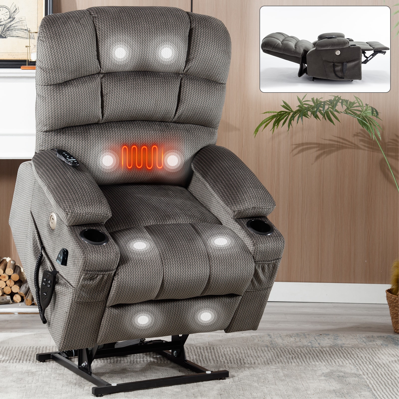 Mondawe MO-CO84324 Gray Chenille Upholstered Powered Reclining Massage chair with Lift Assistance