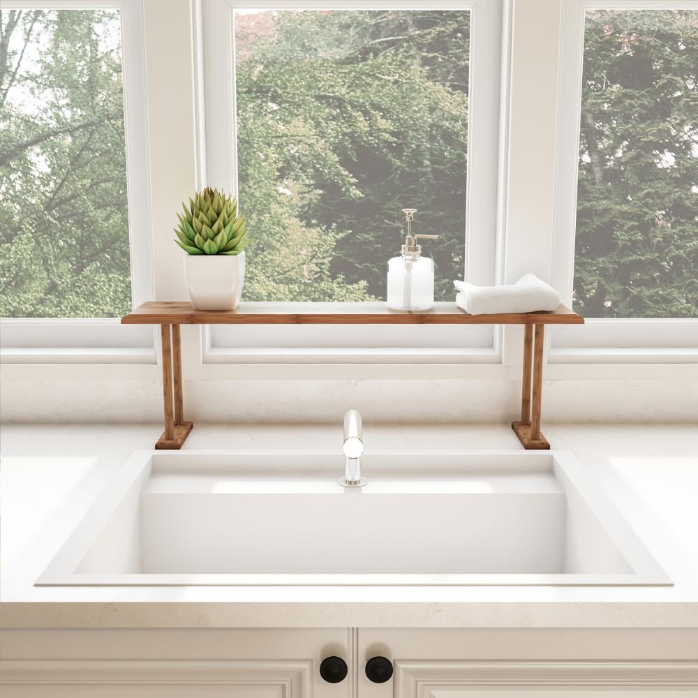 Home Basics Wooden Over the Sink Shelf - Brown | Maximize Counter Space |  Convenient Storage for Soap, Silverware, Sponges | Easy Faucet Access