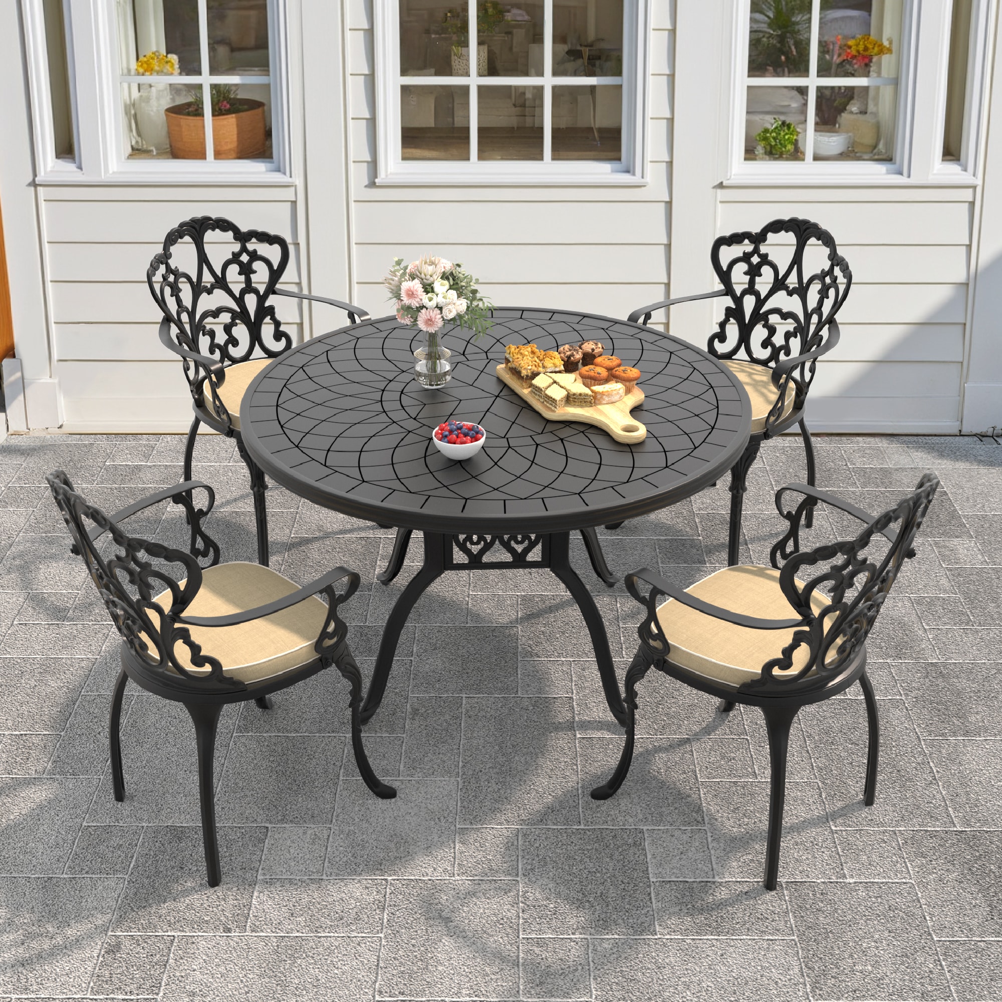 nicesure SLBK6047CZ4A1164RC 5 -Piece Black Patio Dining Set Aluminum Round Table with 4 Cushions Stationary Chairs