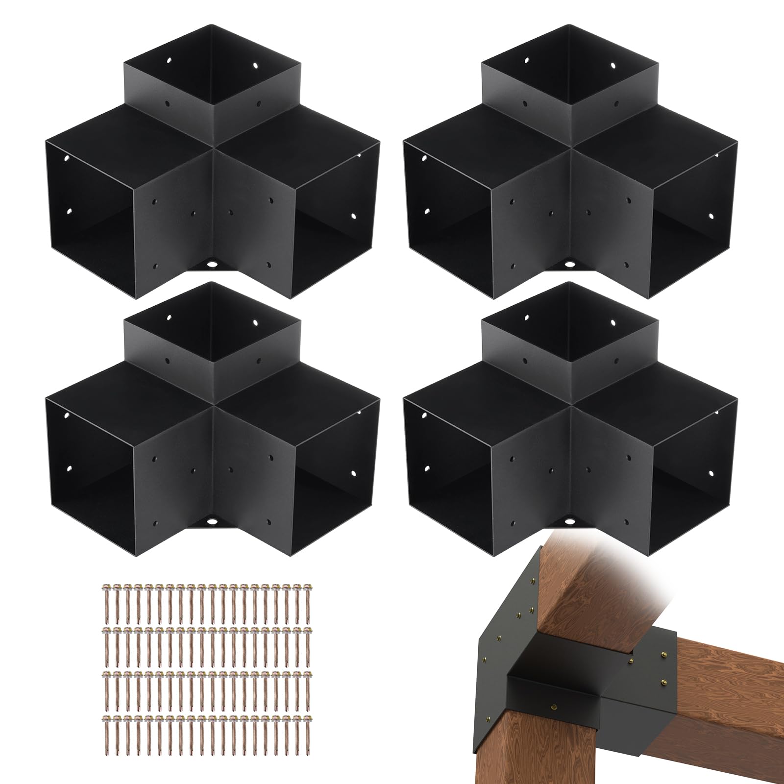 Phyfalip  Pergola Bracket Kit 6 by 6 Inch Inner Size 5.6 by 5.6 Four Pieces Three Way Heavy Duty Corner Brackets for Wooden Beams Gazebos Patio