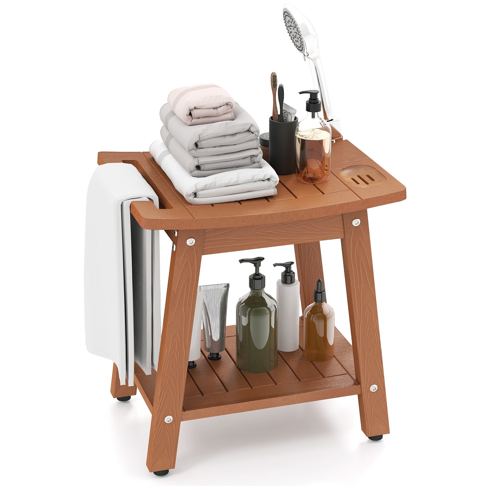 Slickblue Curved Shower Bench with Shelf - HIPS and Stainless Steel Shower Stool for Bathroom and Outdoor - Available in 4 colors #D-CO-FC7528AB