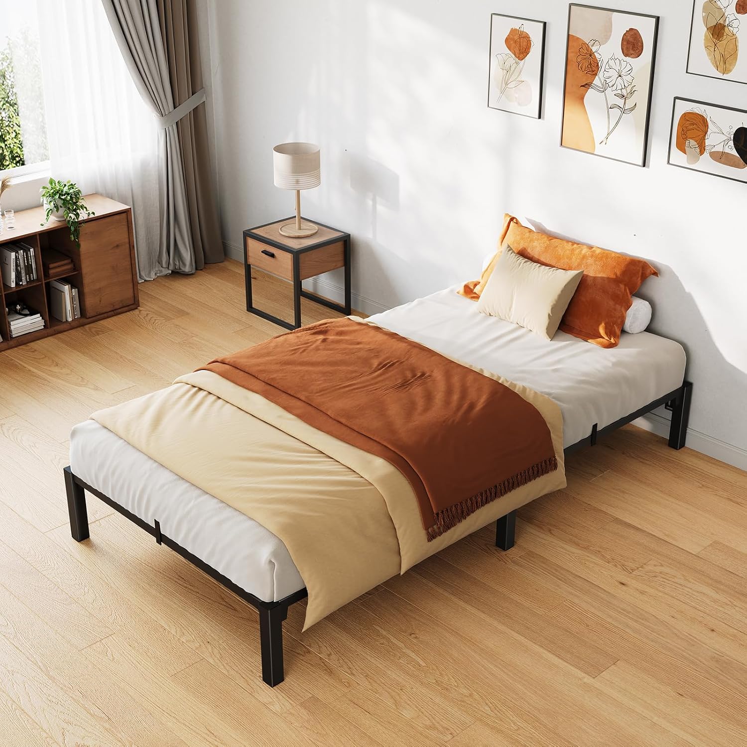 Qeetex LHF-BED-PHK-33FN9QAW 10 Inch Twin Bed Frame Heavy Duty Metal Platform Bed Frame with Durable Iron Slat Support and Legs No Box Spring Required No Screws Needed Support Up to 800 Lbs
