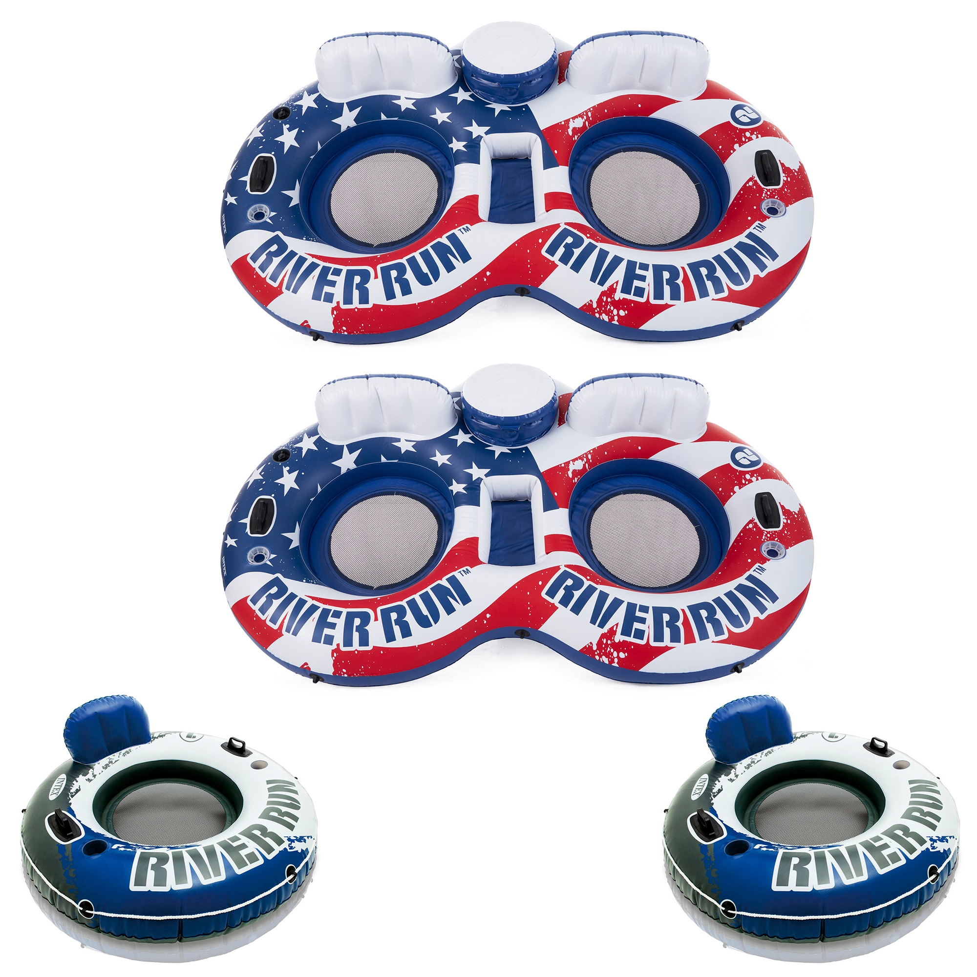 Intex 173625  American Flag 2 Person Float (2 Pack) with River Run 1 Person Tube (2 Pack)