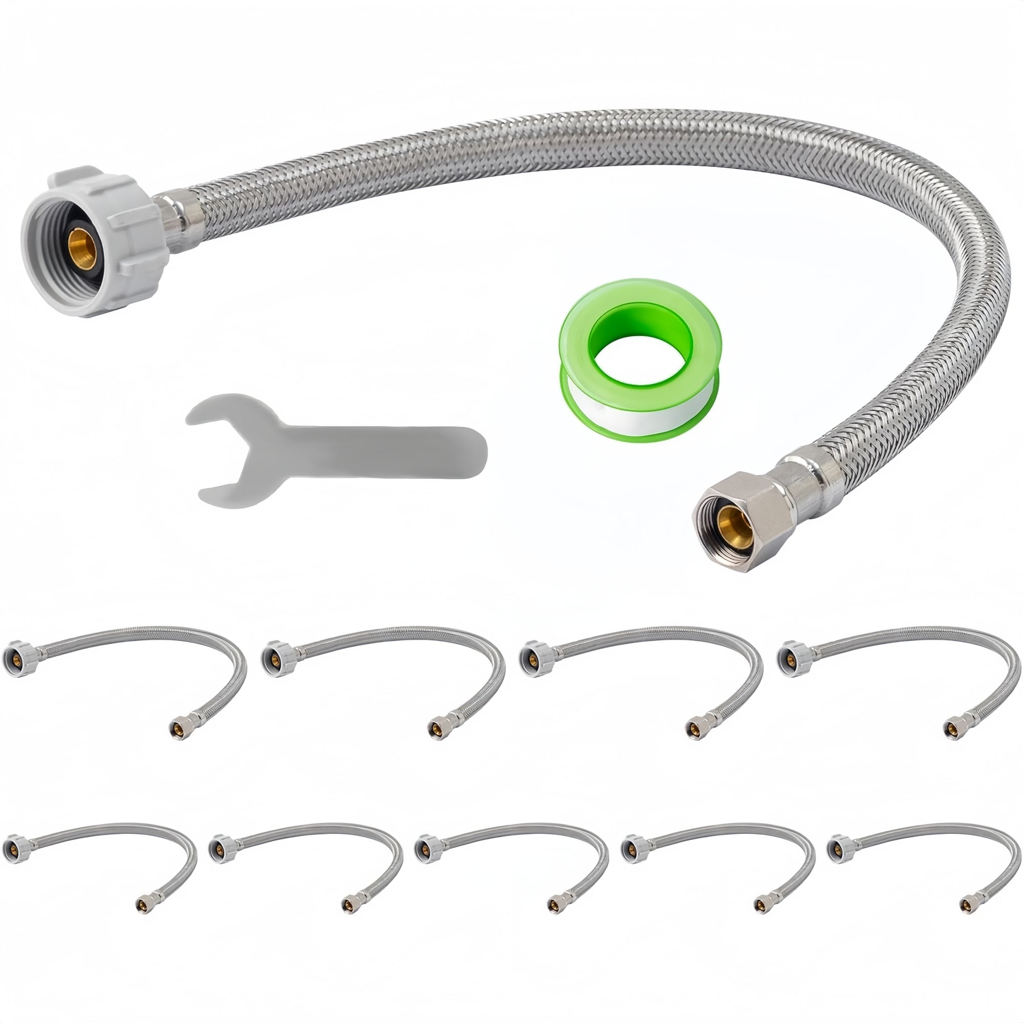 Numhew - 12in L 0.88in OD 10-Pack Silver Braided Stainless Steel Toilet Water Supply Line