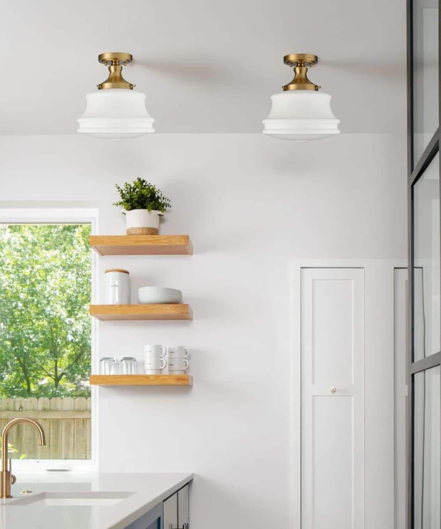 Gold and Frosted Glass Drum Semi Flush Mount Ceiling Light