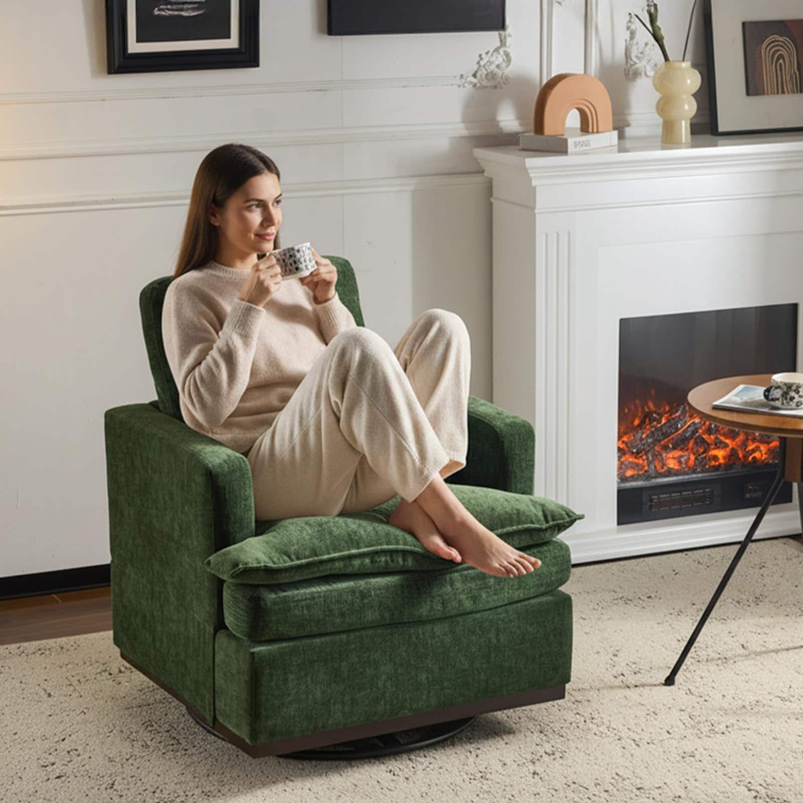 VINGLI - 32.7-in W Modern Green Chenille Swivel Square Armchair with Double-Layer Seat Cushions