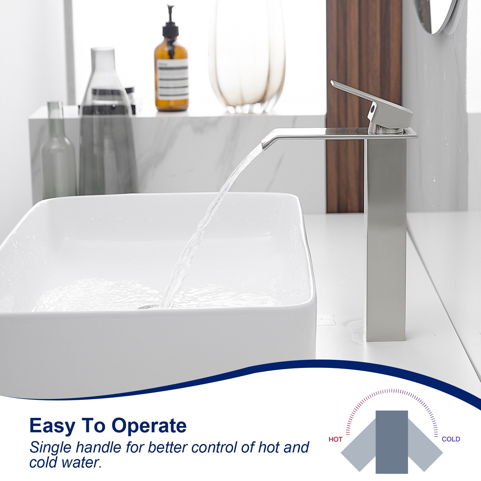 Brushed Nickel Waterfall Vessel Sink Faucet with Pop-Up Drain