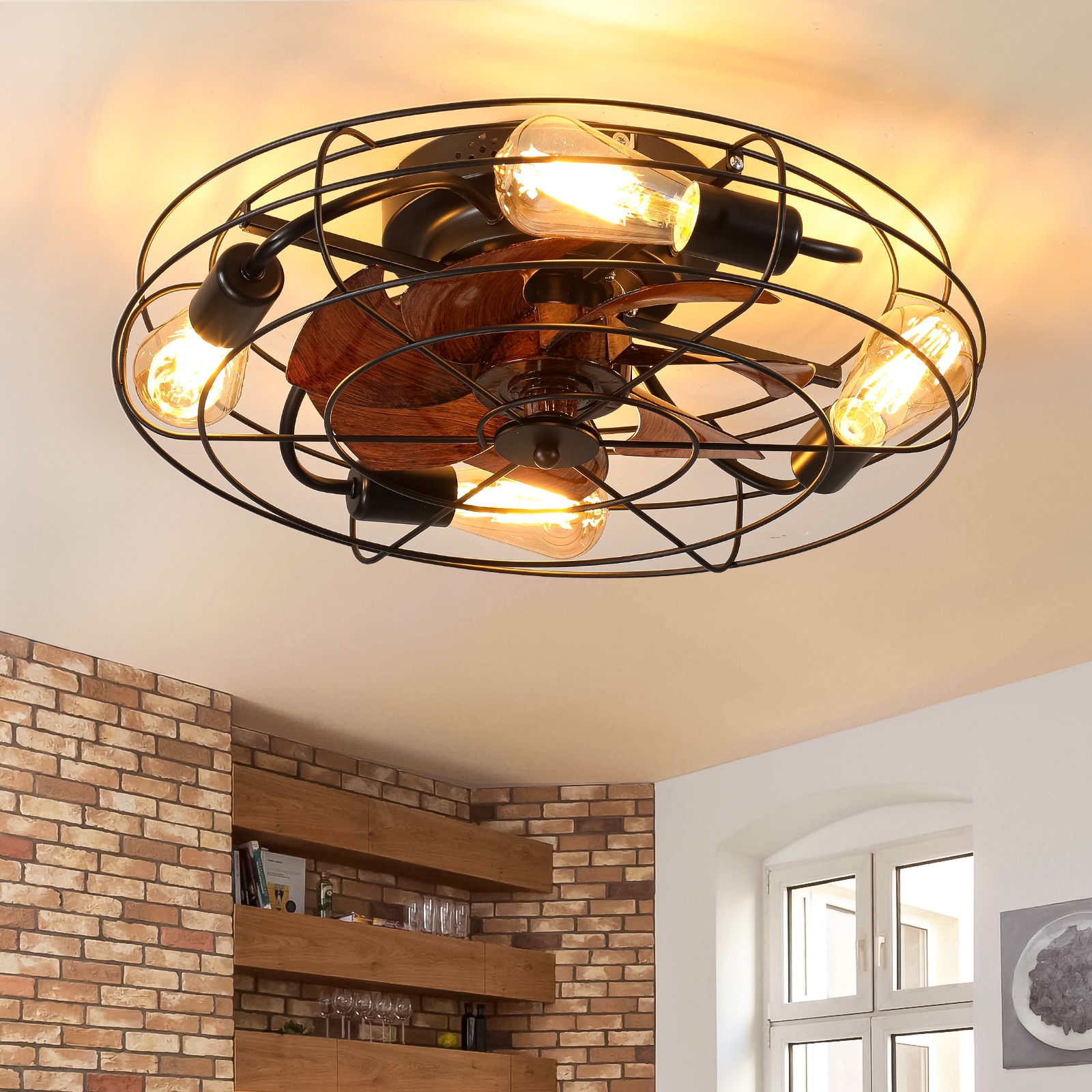 Blisstyle 20 Inch Caged Ceiling Fan Light Remote Control Modern Enclosed 4x E26 Bulb Fans Reversible Motor Living Room Bedroom Kitchen Black Flush Mount Lighting for Dining Entryway Outdoor Vintage Farmhouse Boho