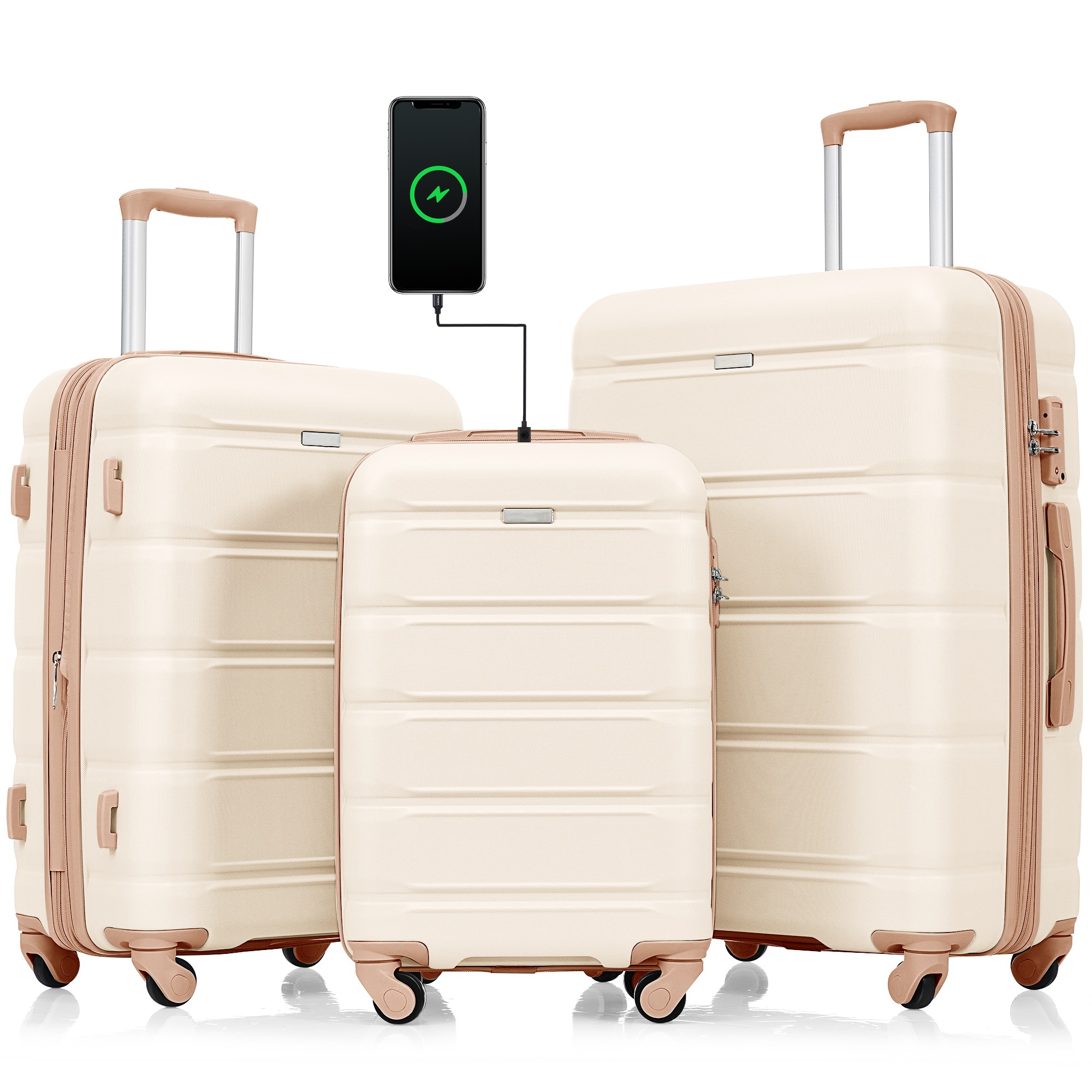 SINOFURN SYD9600012IR 19.2x11.6x28.4 Beige + Gold Plastic Hardshell Suitcase set 3 -Bag
