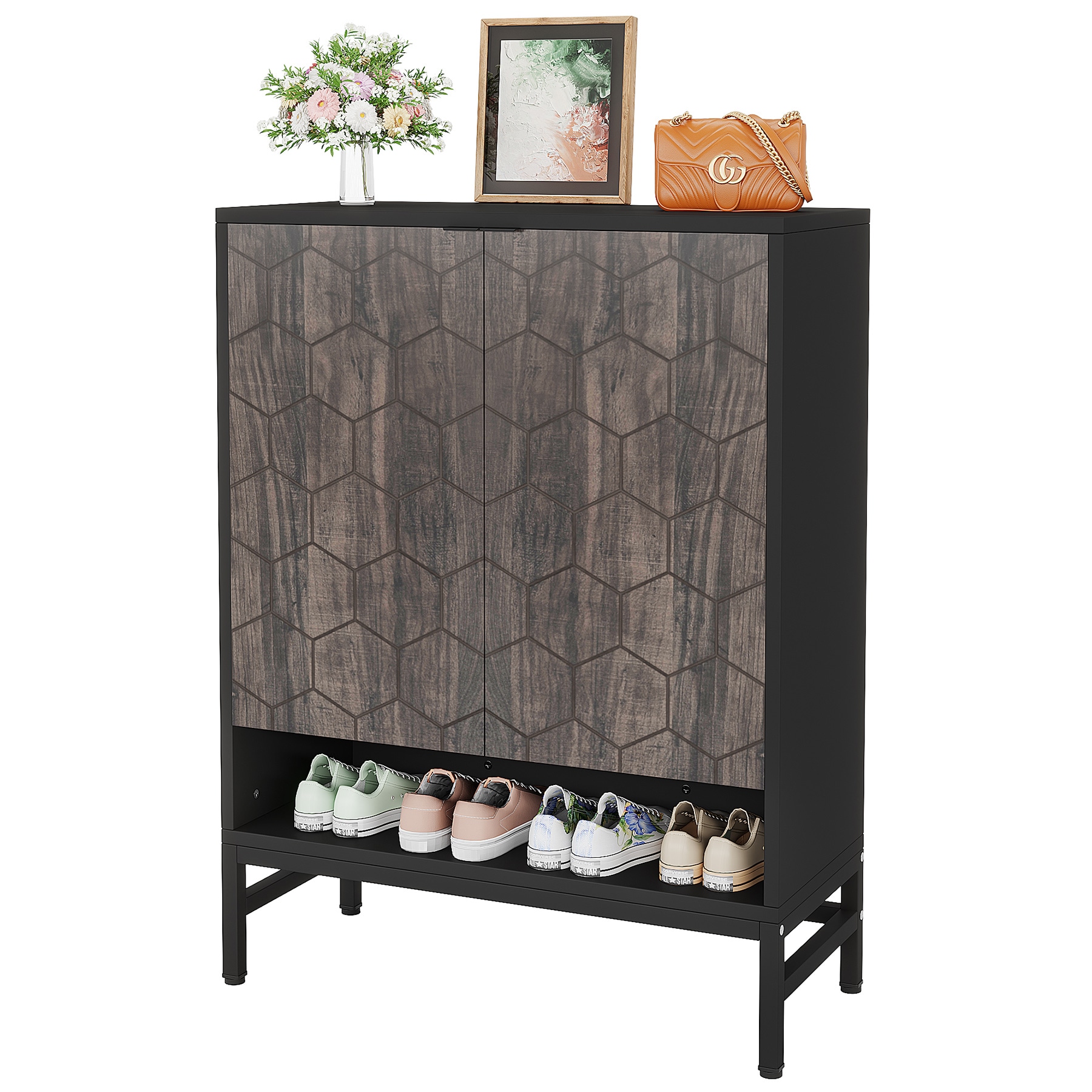 Tribesigns 41.34-in H 3 Tier 24 Pair White and Brown MDF Shoe Cabinet | HOGA-JW0280