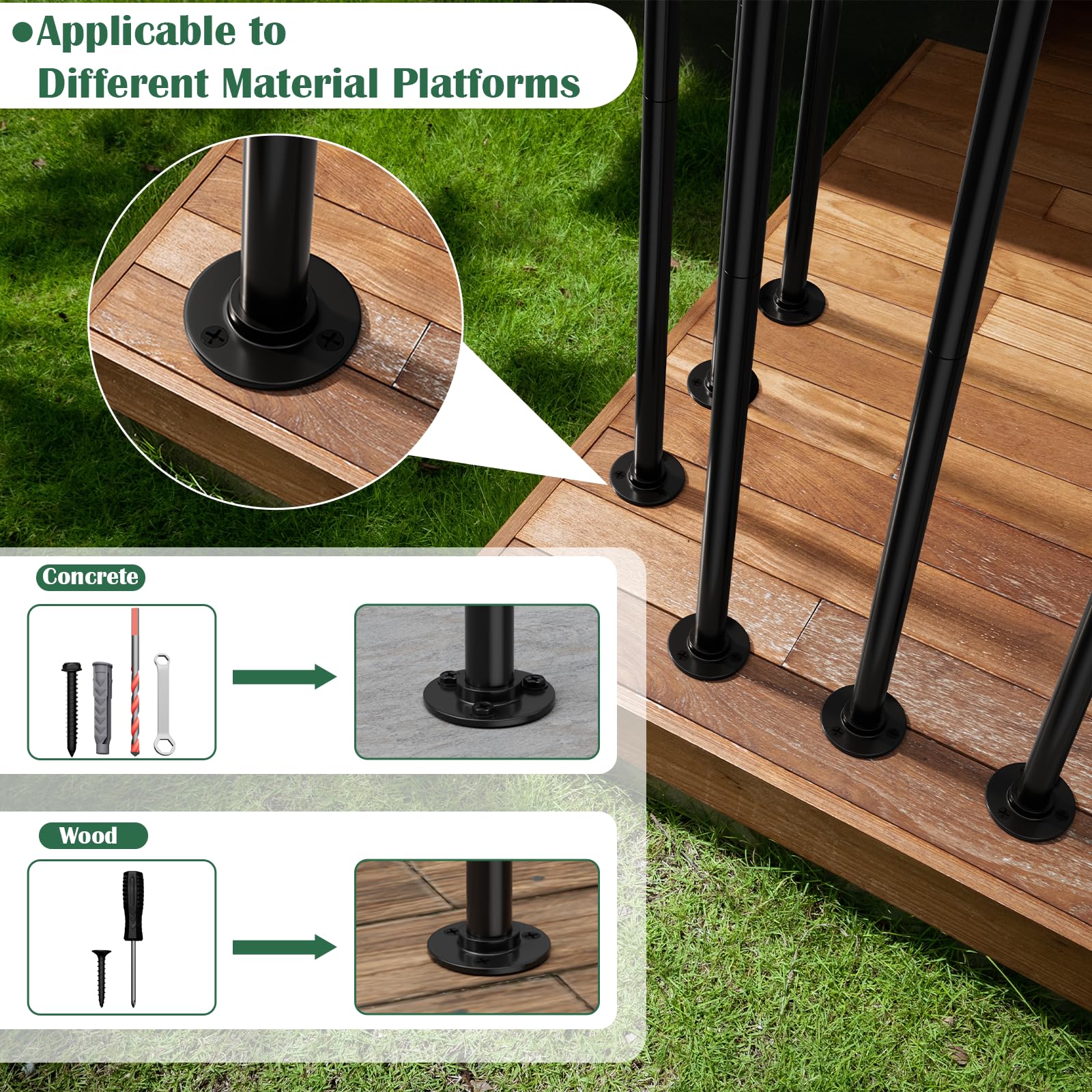 Anqtovp Metal Deck Railing Kit with Wooden Handrail 33 Inch Tall Black ...