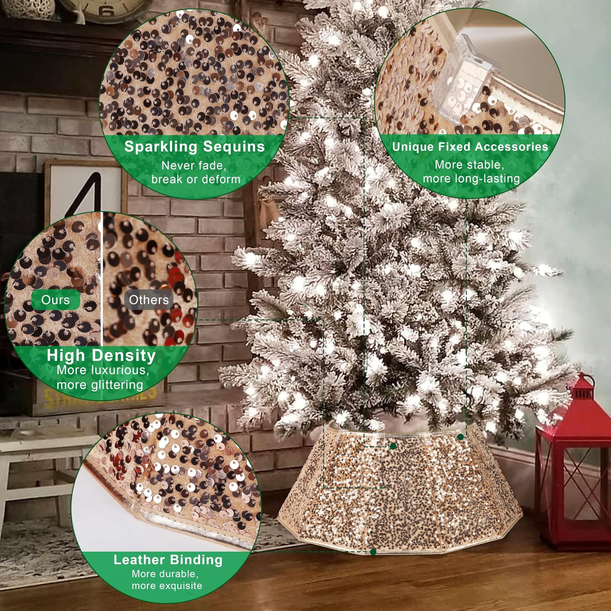 Numhew Champagne Sequin Christmas Tree Collar 25.2 Inch Foldable Tree ...
