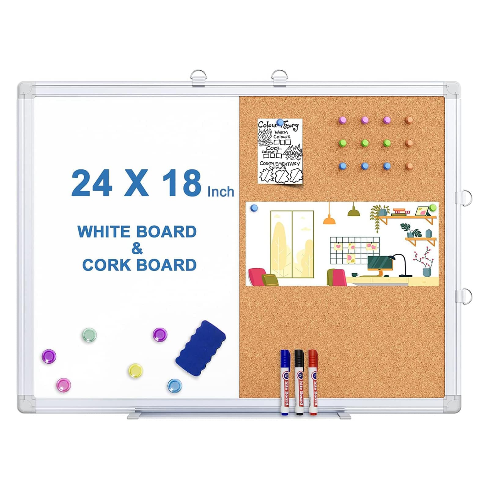 Aoibox  24 x 18 Inch Magnetic Dry Erase and Cork Board Combo Set Wall Mount Board Includes 3 Markers 1 Eraser 6 Magnets 12 Push Pins