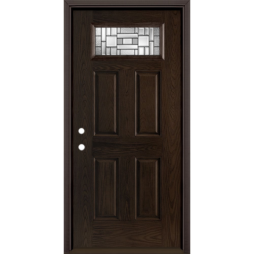 Masonite 3421078 Naples 36-in x 80-in x 4-9/16-in Fiberglass 1/4 lite Right-hand inswing Walnut Stained Prehung Single door Front Door with Brickmould Insulating core Decorative glass