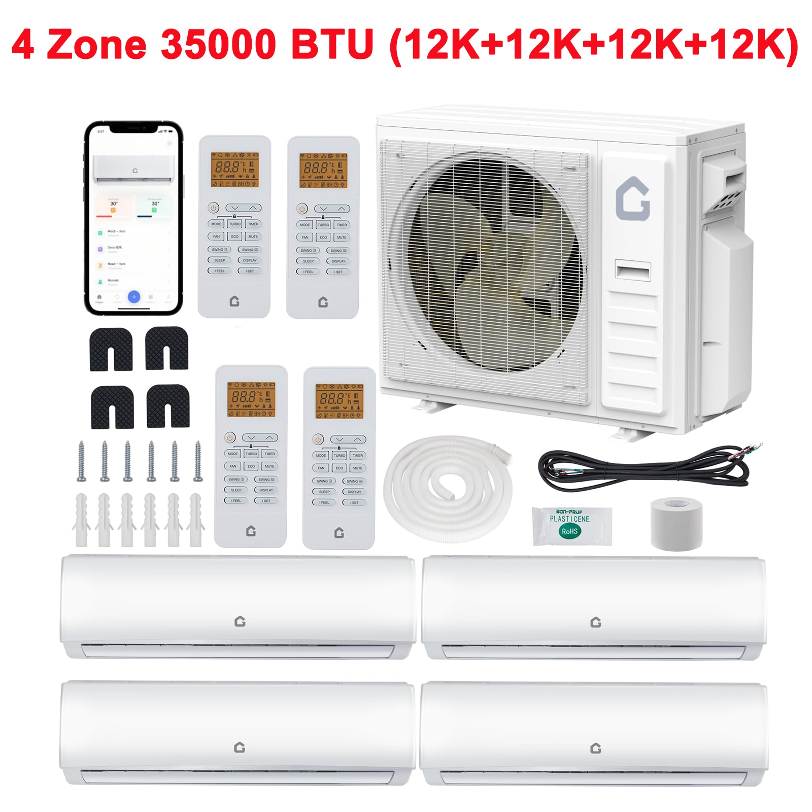 Garvee 4 Zone 35000 BTU (12K+12K+12K+12K) Mini Split Air Conditioner and Heating System with Pre-Charged Condenser