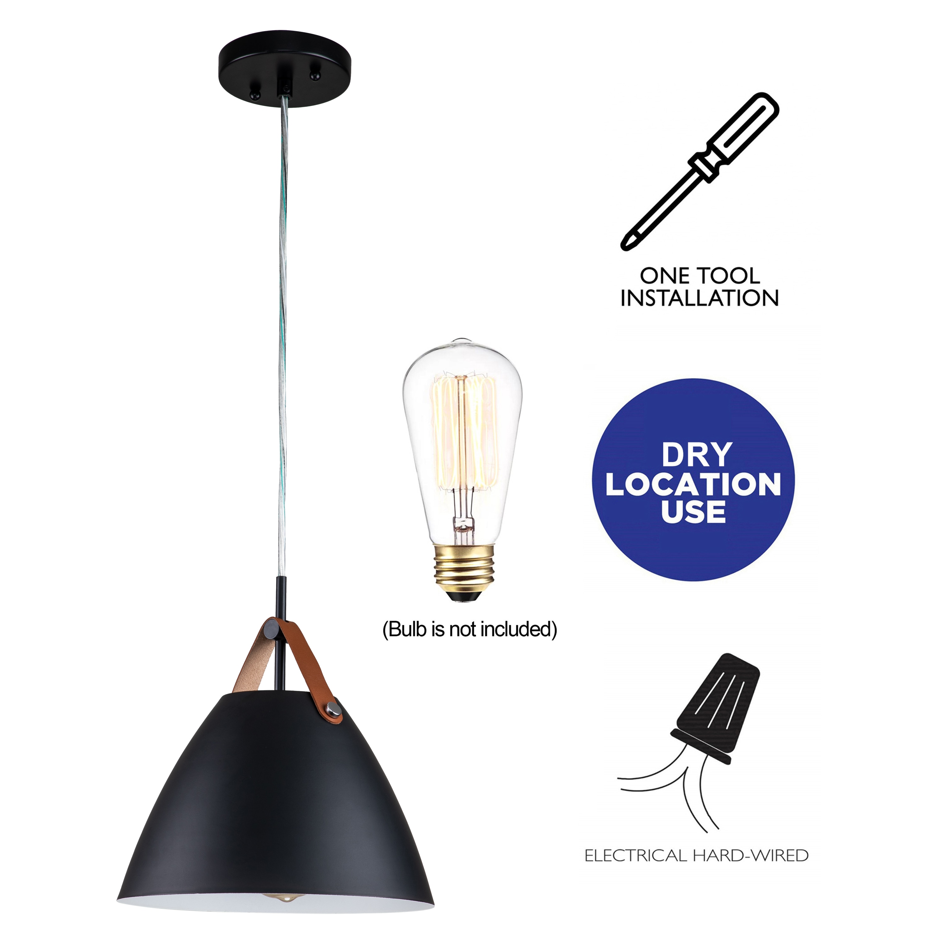Modern 10.75" Black Aluminum Dome Pendant with Leather Strap