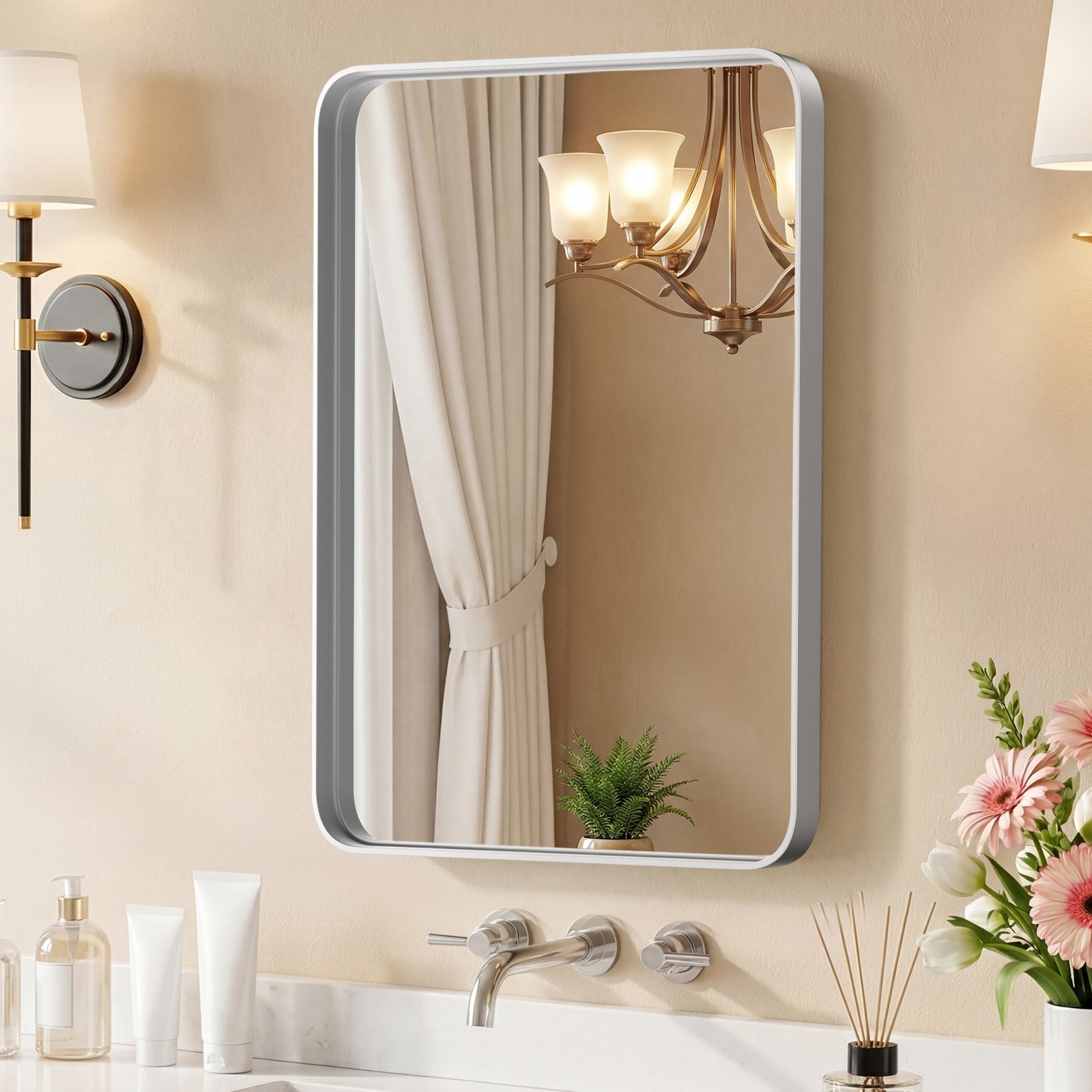 GlasFlength 24x36 Inch Silver Grain Colored Metal Frame Bathroom Mirror Rounded Rectangle Anti-Rust Wall Mirror Hangs Horizontally or Vertically for Bathroom Vanity Washroom #642135862407