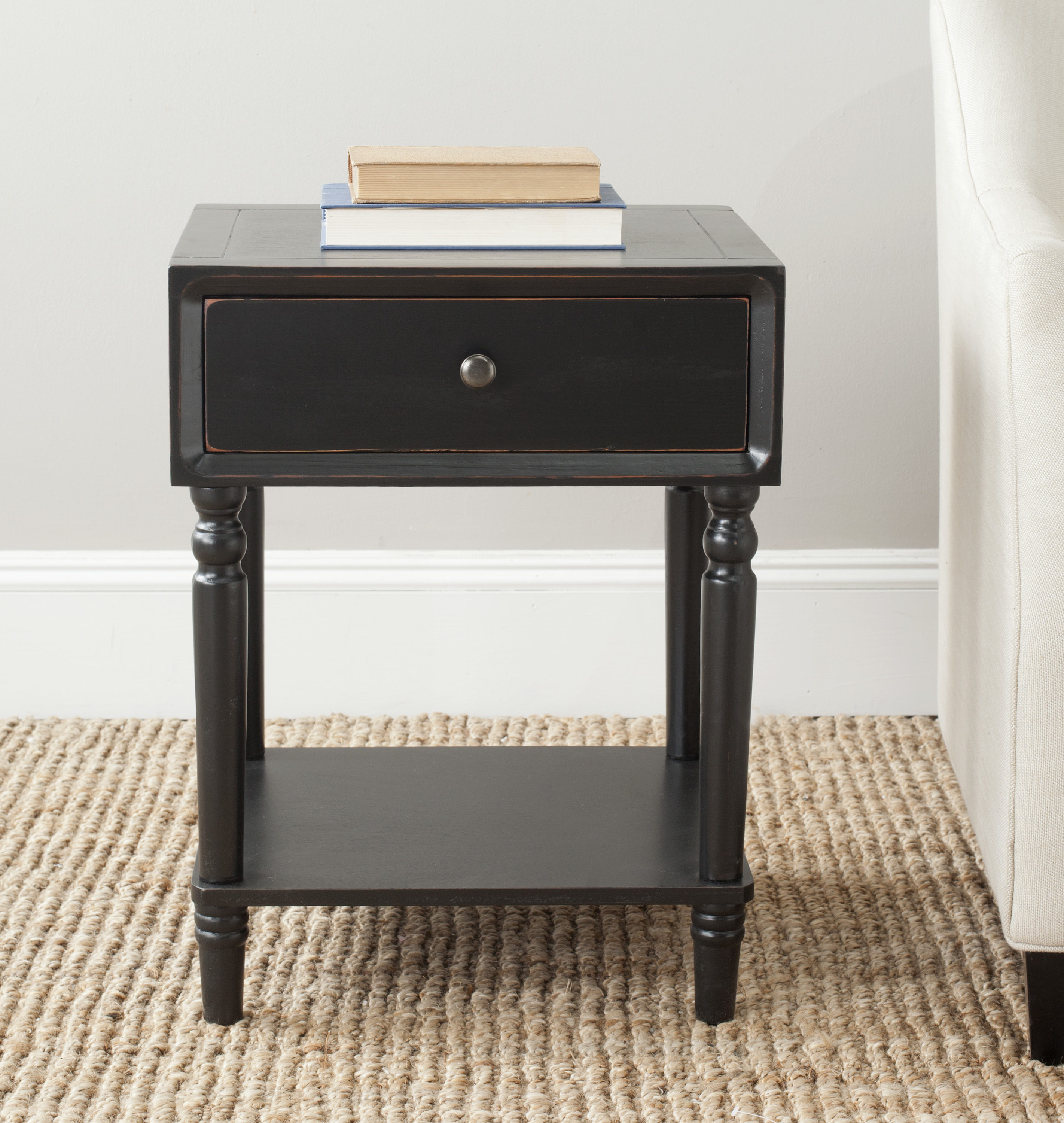 Siobhan Black Pine Wood End Table with Storage