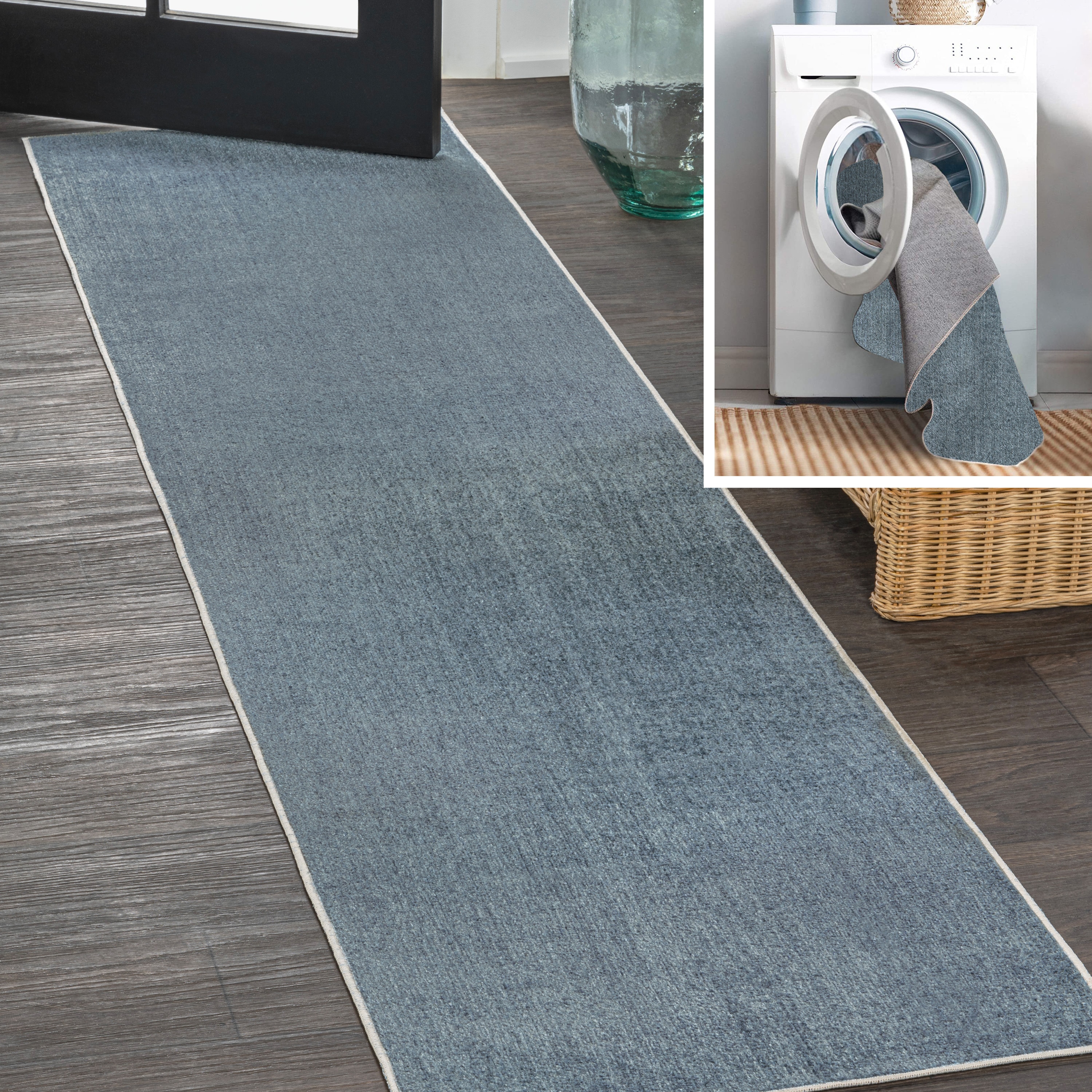 JONATHAN  Y WSH300B-28 WASHABLE Twyla Classic Solid Low-Pile 2 x 8 (ft) Loomed Polyester Blue Rectangular Indoor Solid Coastal Machine washable Runner rug