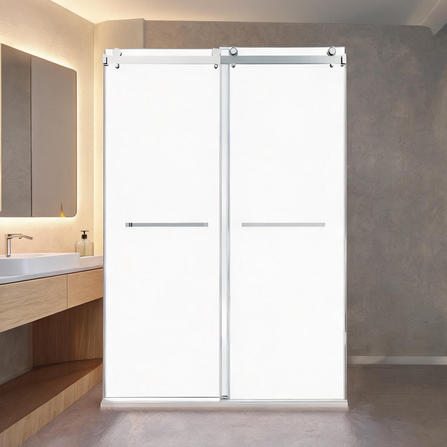 chillscreamni Frameless Double Sliding Shower Door 54x76 Inch 3/8 Inch Clear Tempered Glass Stainless Steel Hardware Silver-Tone
