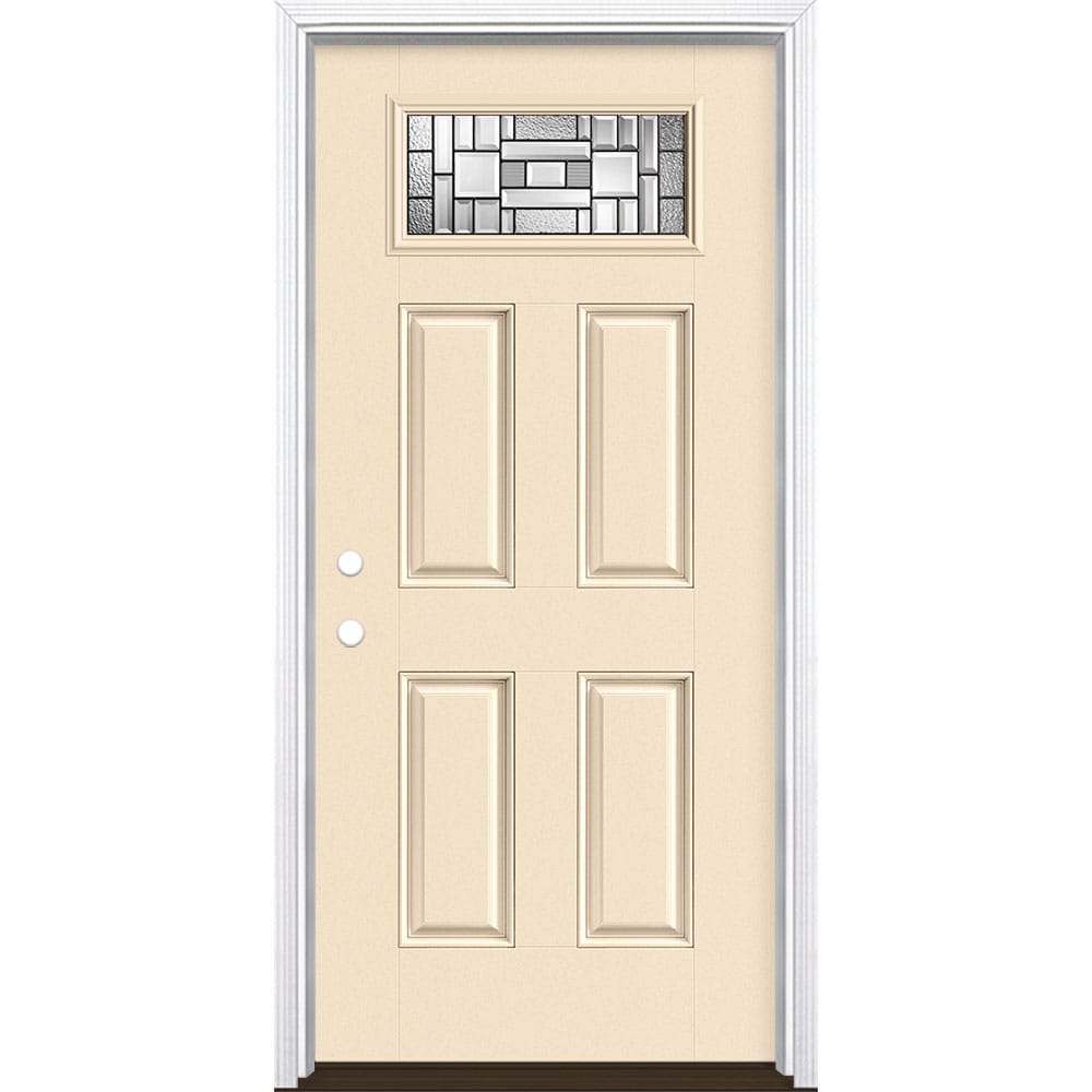 Masonite 3421338 Naples 36-in x 80-in x 4-9/16-in Fiberglass 1/4 lite Right-hand inswing Bisque Painted Prehung Single door Front Door with Brickmould Insulating core Decorative glass