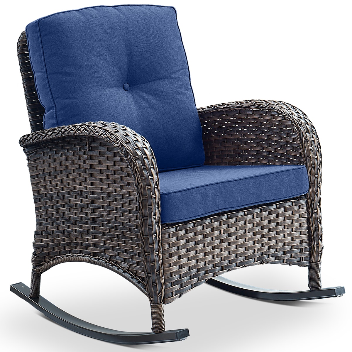 Rilyson FSBR30-1A New Juno Wicker Brown Wicker Frame Rocking Chair with Blue Blue Cushioned Seat