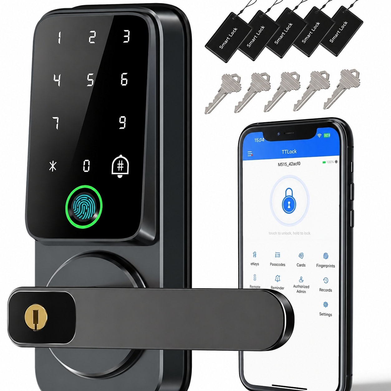 Ahfiwaso  Keyless Entry Door Lock with Handle Fingerprint Smart Lock Keypad Touchscreen Doorbell Weatherproof for Home Office Matte Black