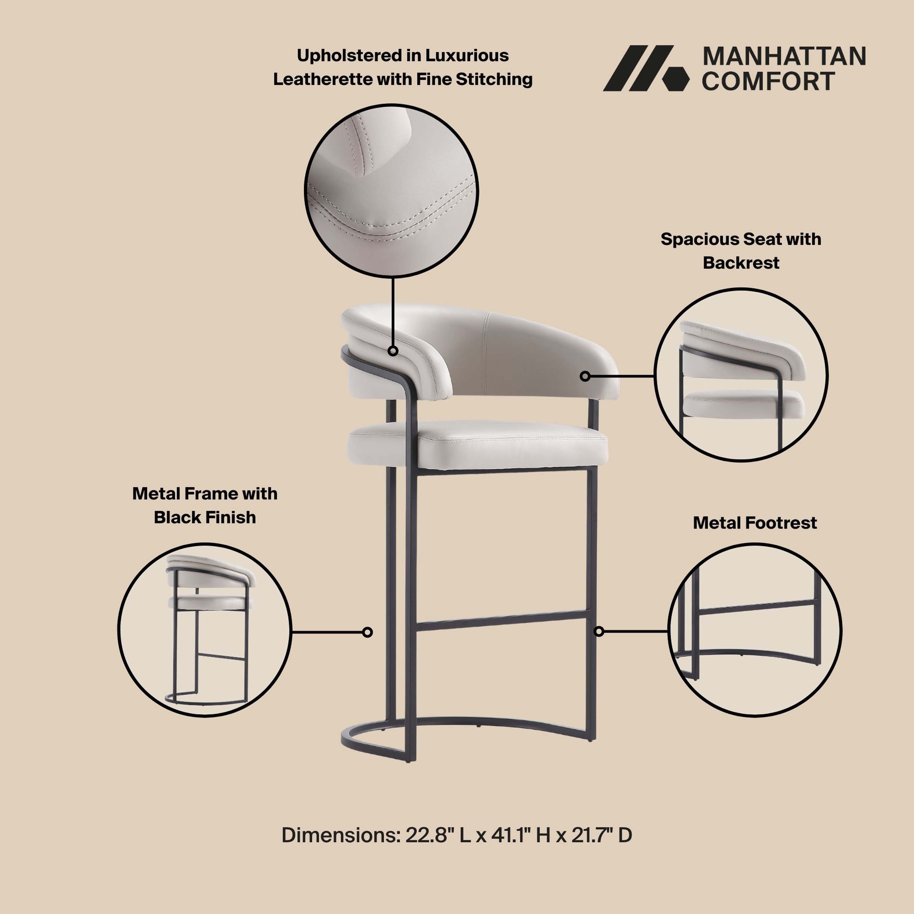 Augusta Light Gray Leatherette Upholstered Barstool with Metal Frame