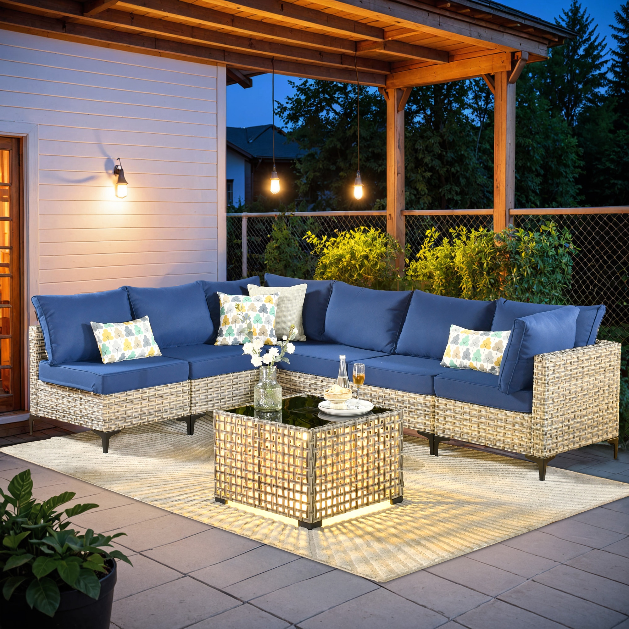 Caodoc L5-SKT707-1 SKT Wicker Outdoor Sofa with Blue Cushions and Wicker Frame
