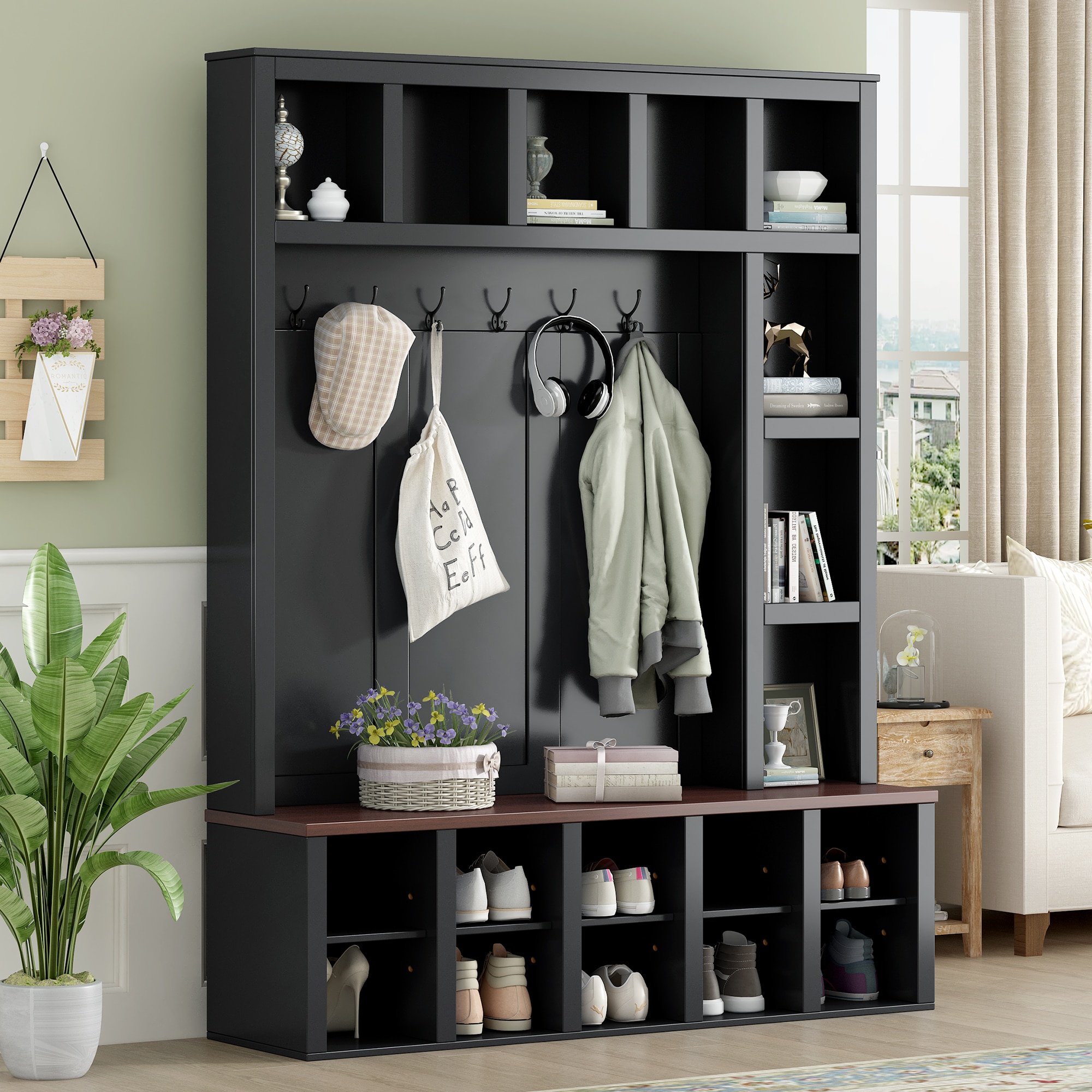 ModernLuxe N721S000044B Farmhouse Wooden Style Hall Tree with 6 HooksPractical Walnut Storage Bench with Adjustable Shelves 4in1 Entryway Shoe Cabinet with 13 Cubbies for MudroomLiving RoomBlack
