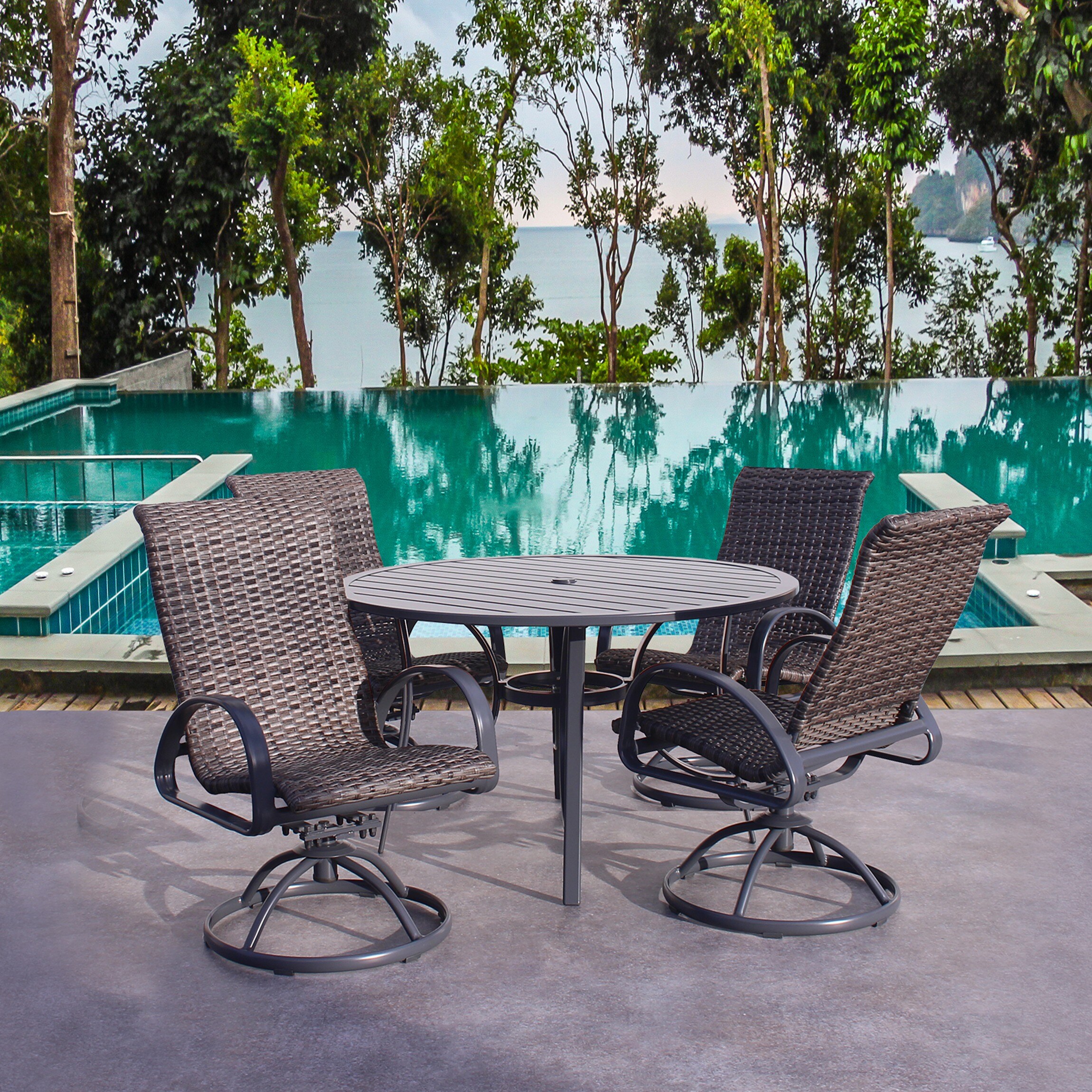 Courtyard Casual 5591 Santa Fe - Dark Gray 5 -Piece Dark Gray Wicker Patio Dining Set Aluminum Round Table with 4 Swivel Rocker Chairs Fire Pit Included