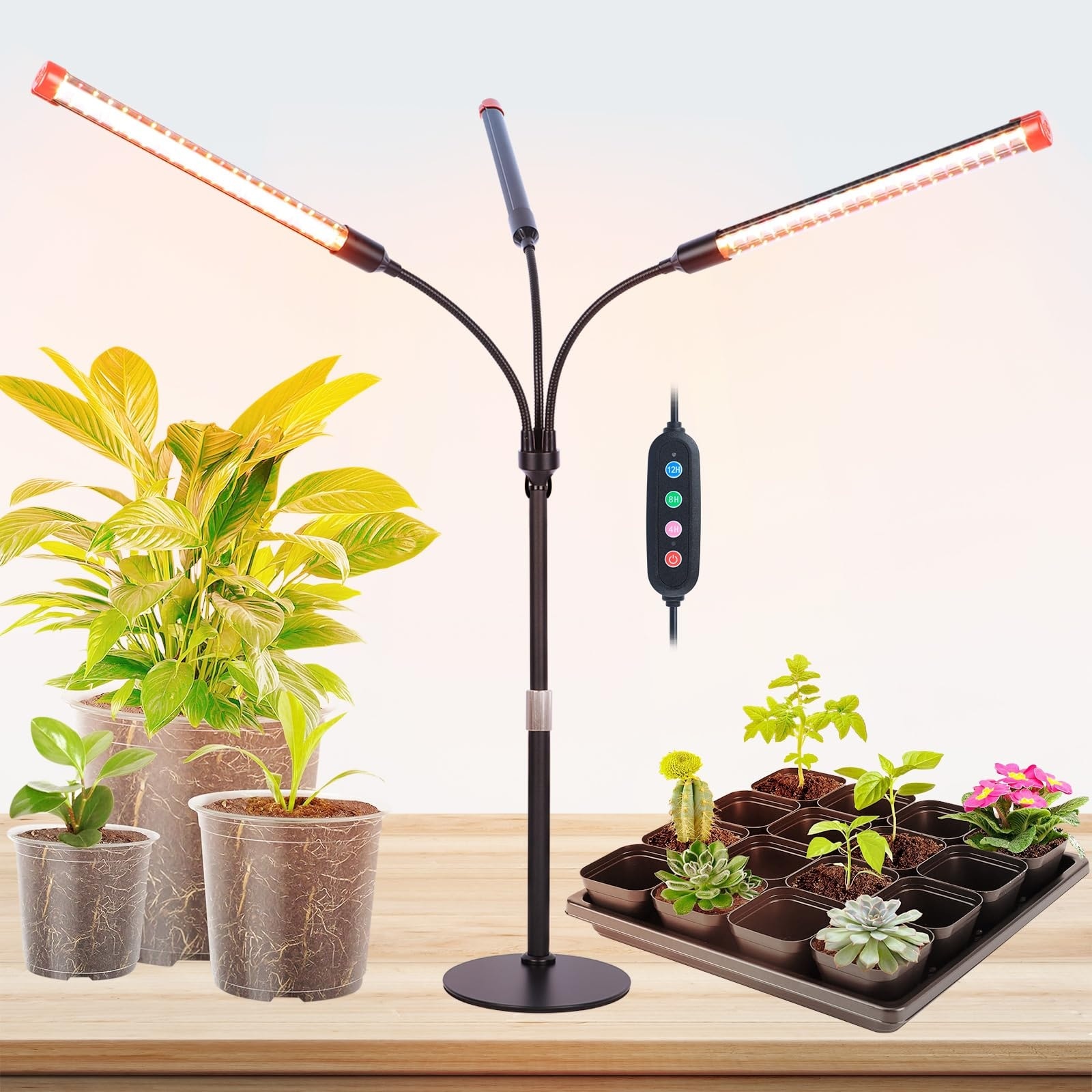 AOIZGMY  3 Head Table Top Grow Lights for Indoor Plants with Timer 27 Watt Full Spectrum LED Lamp Adjustable Height for Seed Starting Bonsai