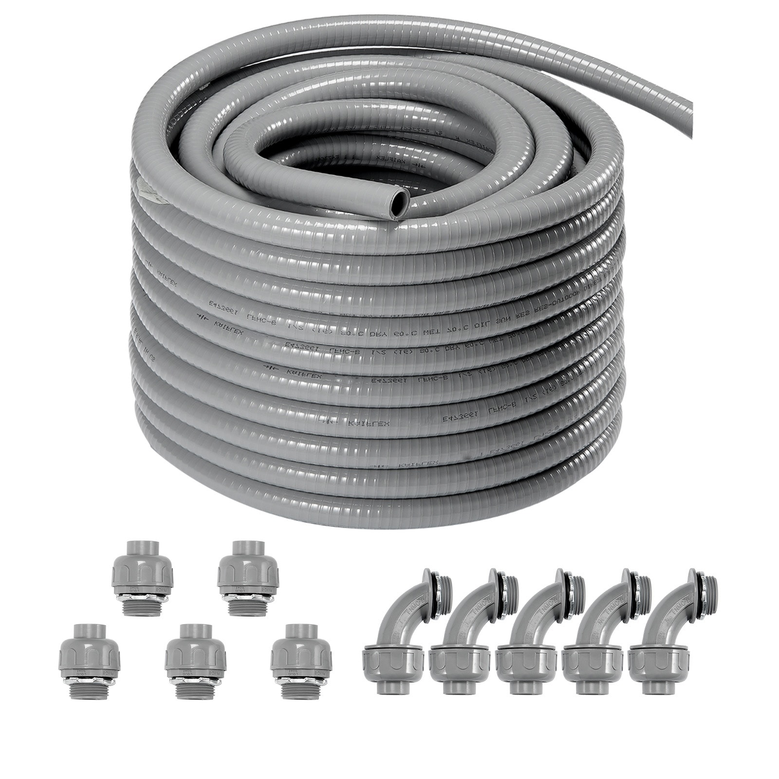 VEVOR SCPVCYMDQDG104014V0 1/2-Inch Flexible Electrical Conduit  100 ft  PVC Liquid-Tight Conduit Non-Metallic with 5 Straight and 5 90-Degree Conduit Connector Fittings  for Air Conditioning Motor Controller Pump  IP65