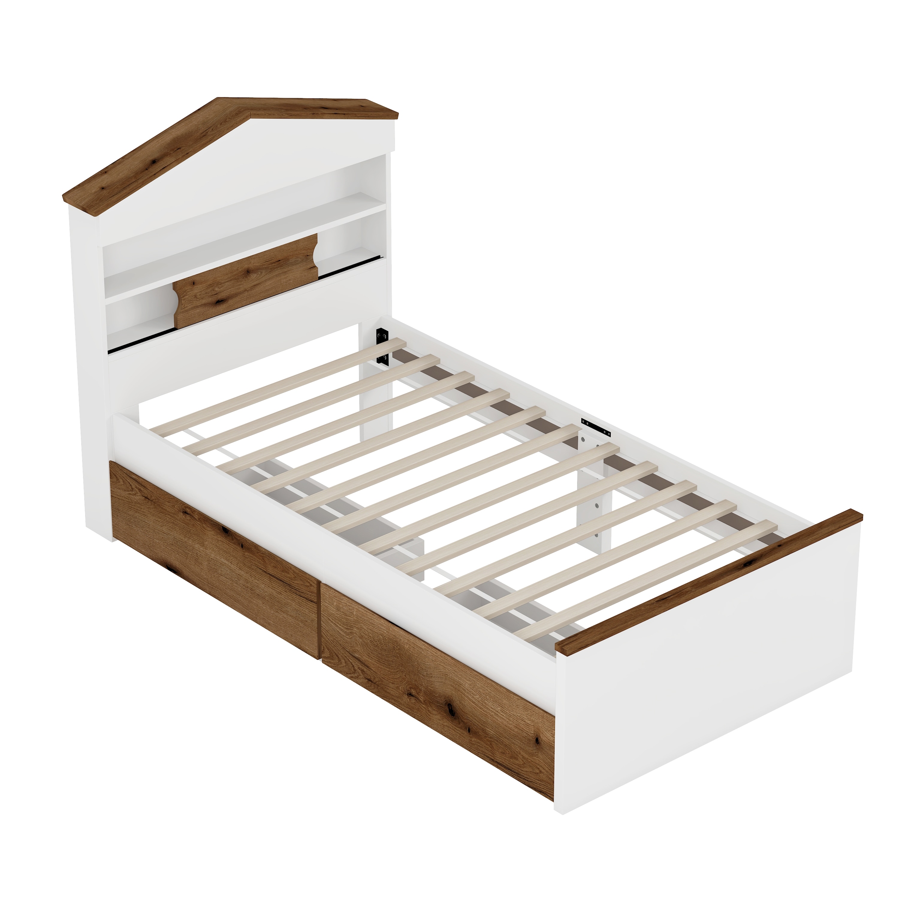 Damerin BD-A21 Brown White Twin Wood Bed frame Bed with Storage