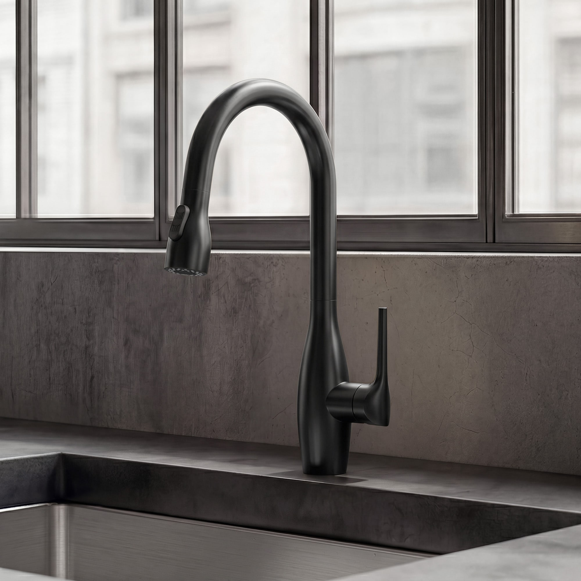 GRANDJOY Matte Black Single Handle Deck-mount Pull-down Kitchen Faucet with 2-Function Sprayer 360-Degree Swivel 1.8GPM (Modern High Arc Gooseneck)