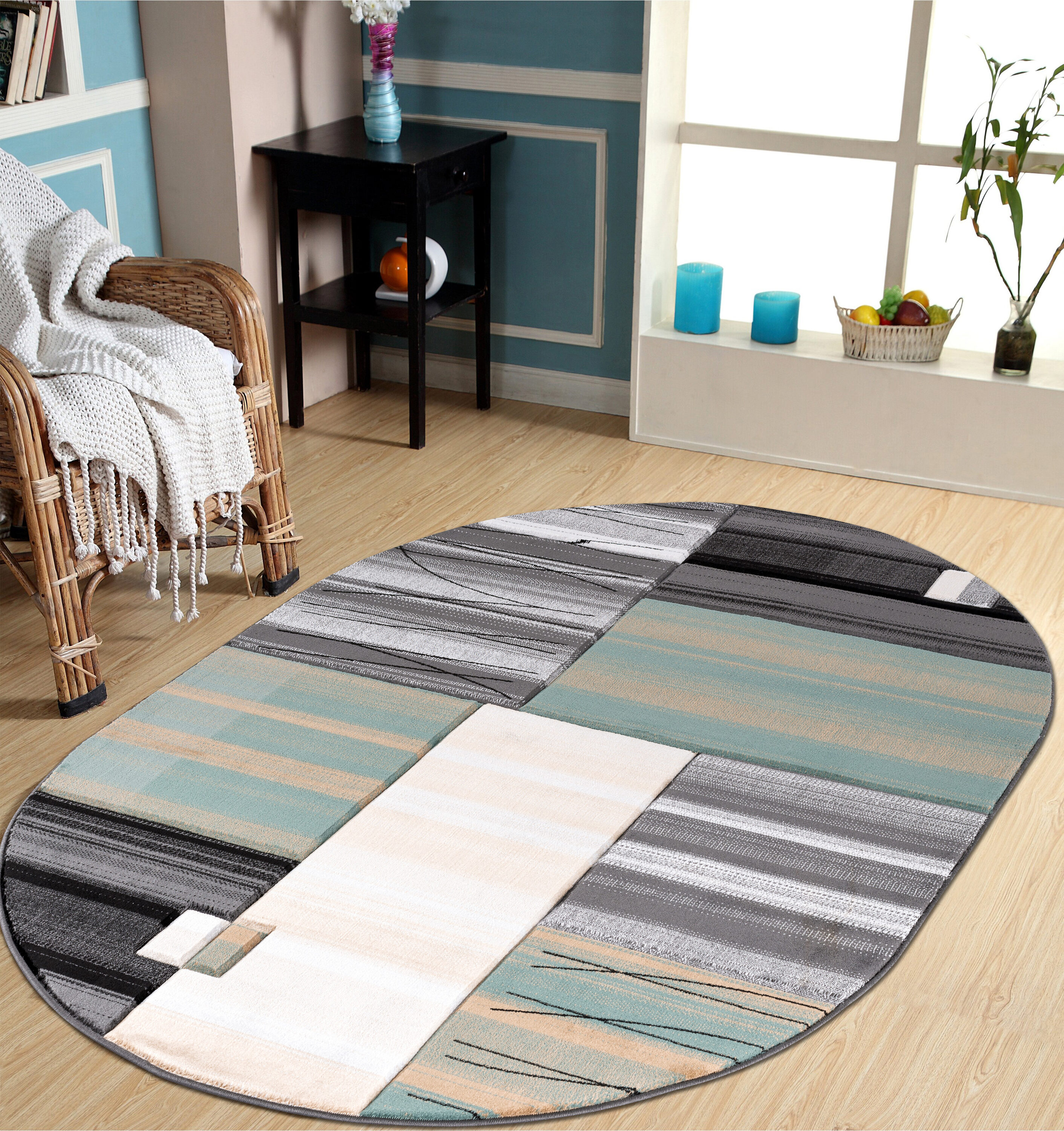 MDA Rugs GM0158OV Glamour 5 x 7 (ft) Polypropylene Gray/Teal Oval Indoor Abstract Area rug