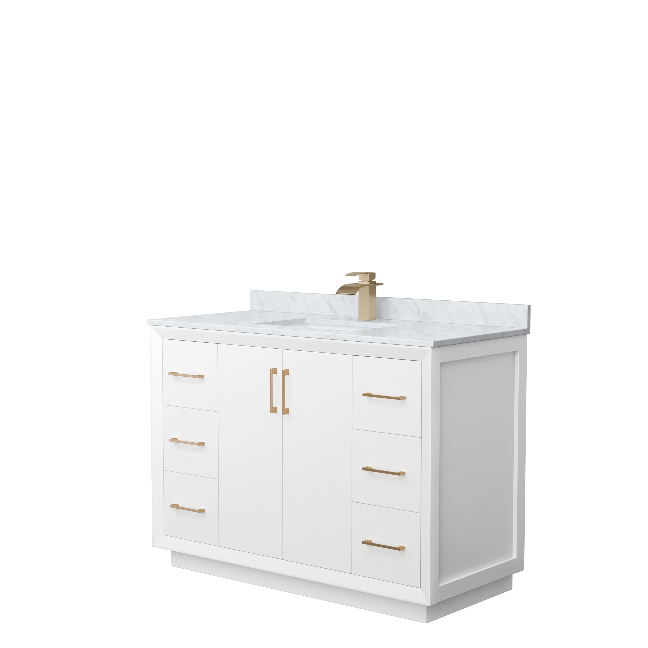Wyndham Collection WCF414148SWZCMUNSMXX Strada 48-in White with Satin Bronze Trim Undermount Single sink Bathroom Vanity with White Carrara marble Natural marble Top