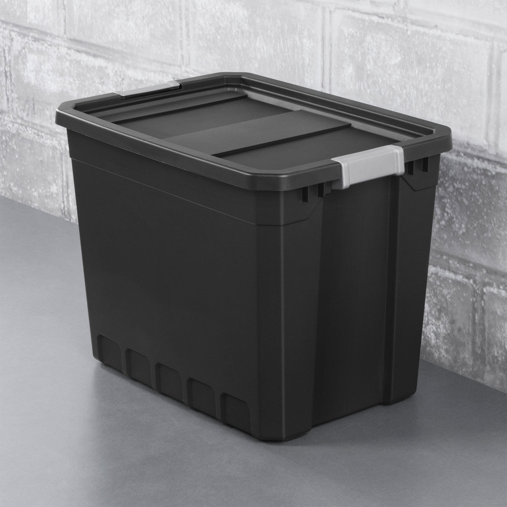 Sterilite 4-Pack 27-Gallon Industrial Tote With Latching Lid - Heavy-Duty Black Plastic Storage Bins For Garage