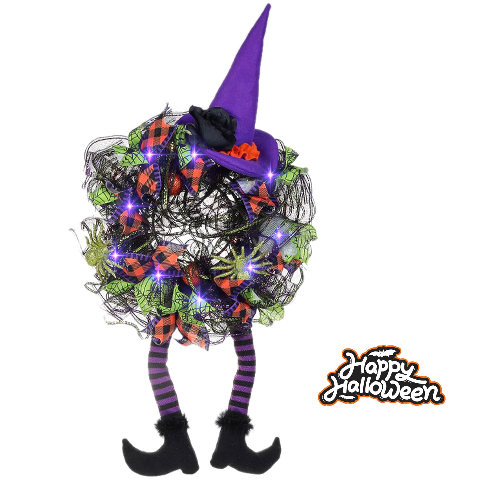 Misopily Halloween Wreath for Front Door Artificial Witch Hat Legs Mesh ...