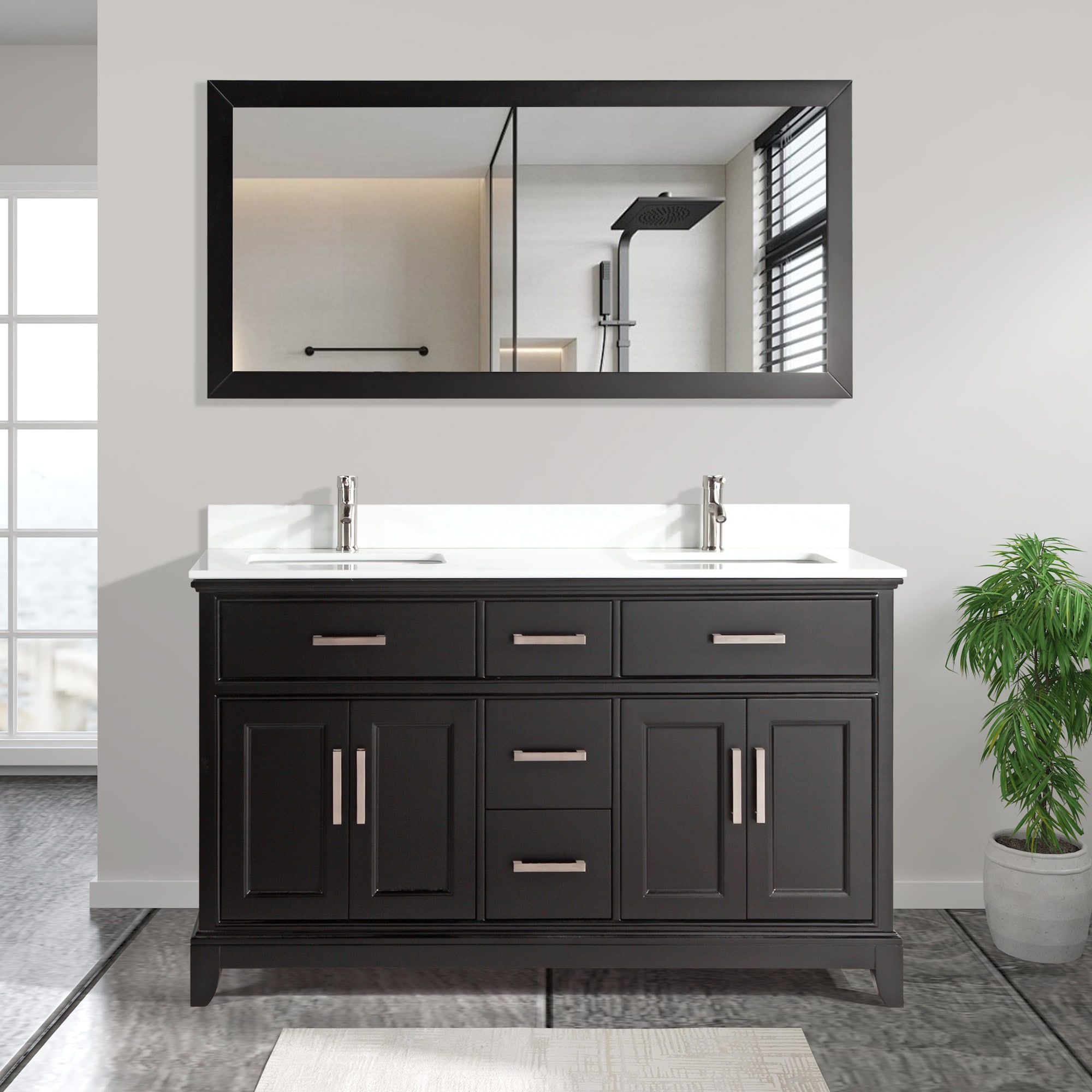 Vanity Art VA1060-DE Genoa 60-in Espresso Undermount Double sink Bathroom Vanity with White Engineered marble Top (Mirror Included)
