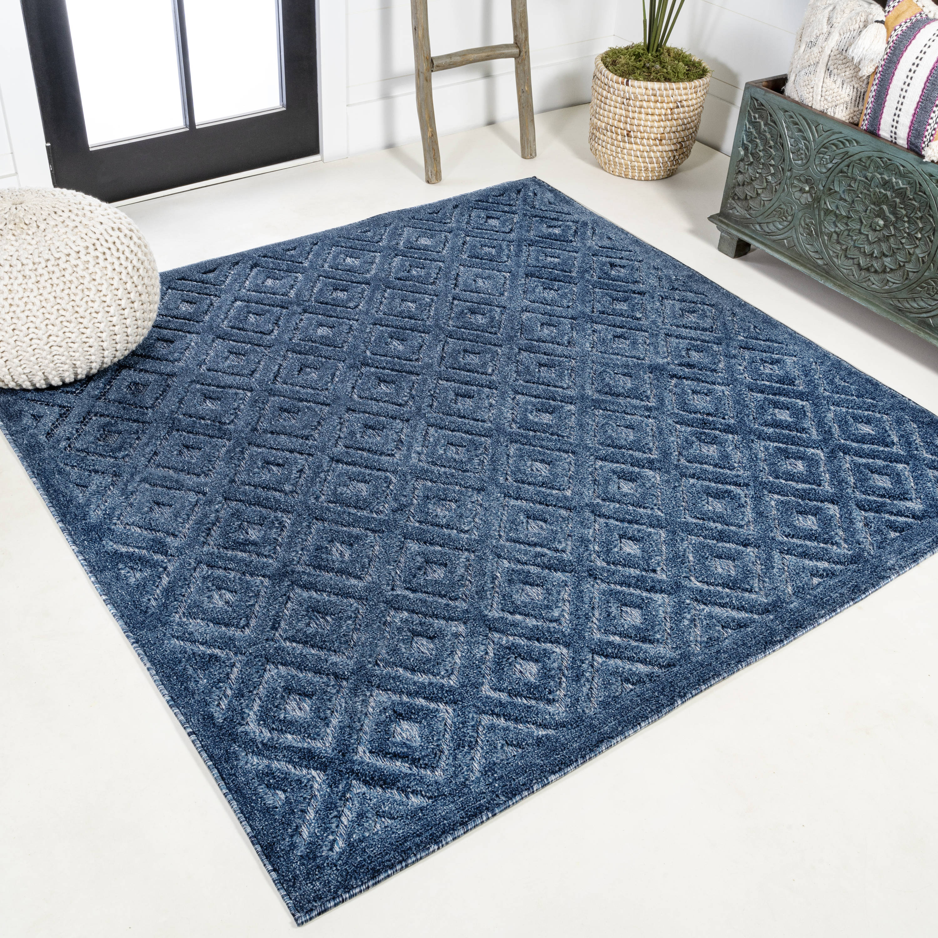 JONATHAN  Y IBZ104B-5SQ IBIZA Portmany Neutral Diamond Trellis 5 x 5 (ft) Loomed Polypropylene Navy Square Indoor/Outdoor Geometric Bohemian/Eclectic Area rug