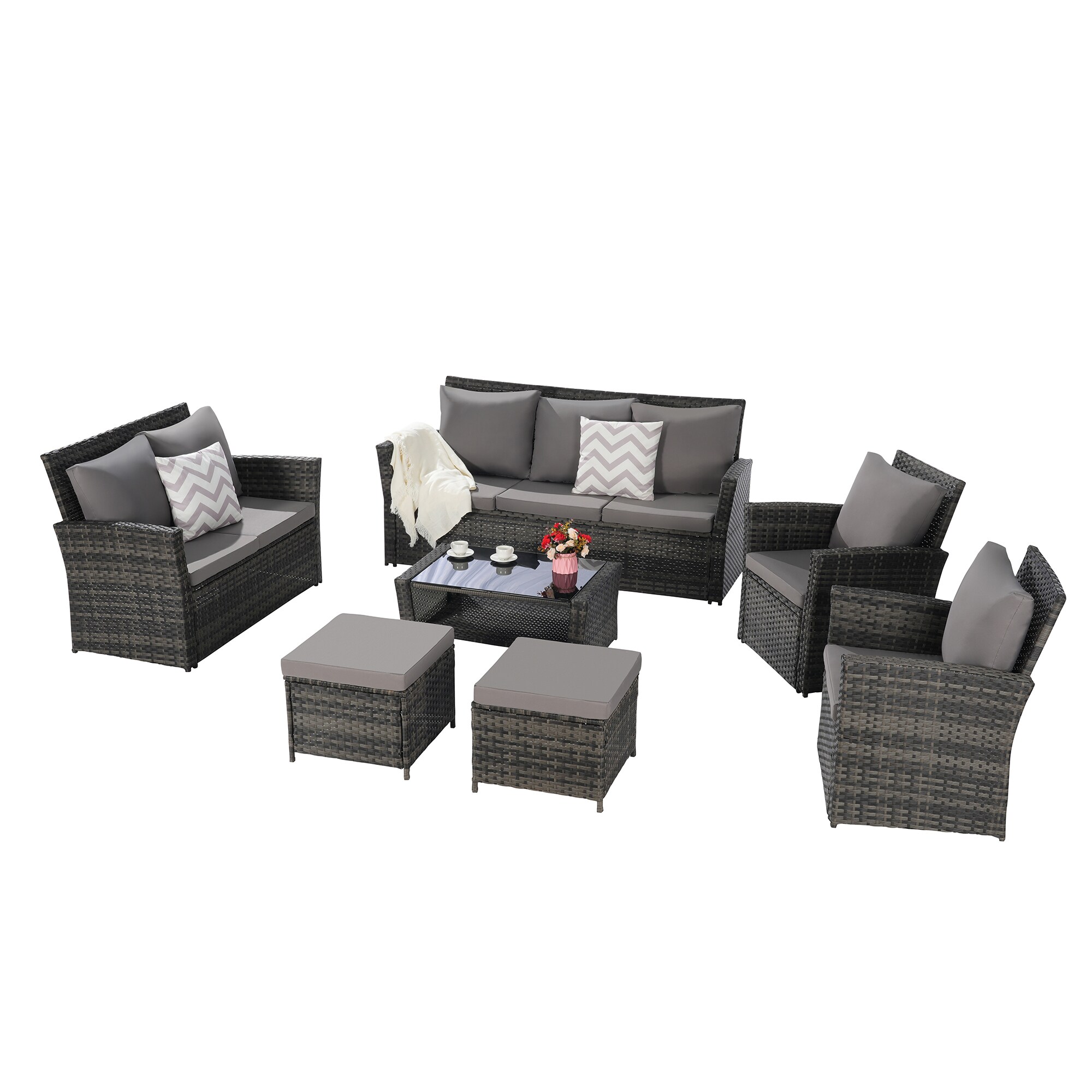 SINOFURN SYA330102GY 7 -Piece Rattan Patio Sofa Conversation Set with Gray Cushions