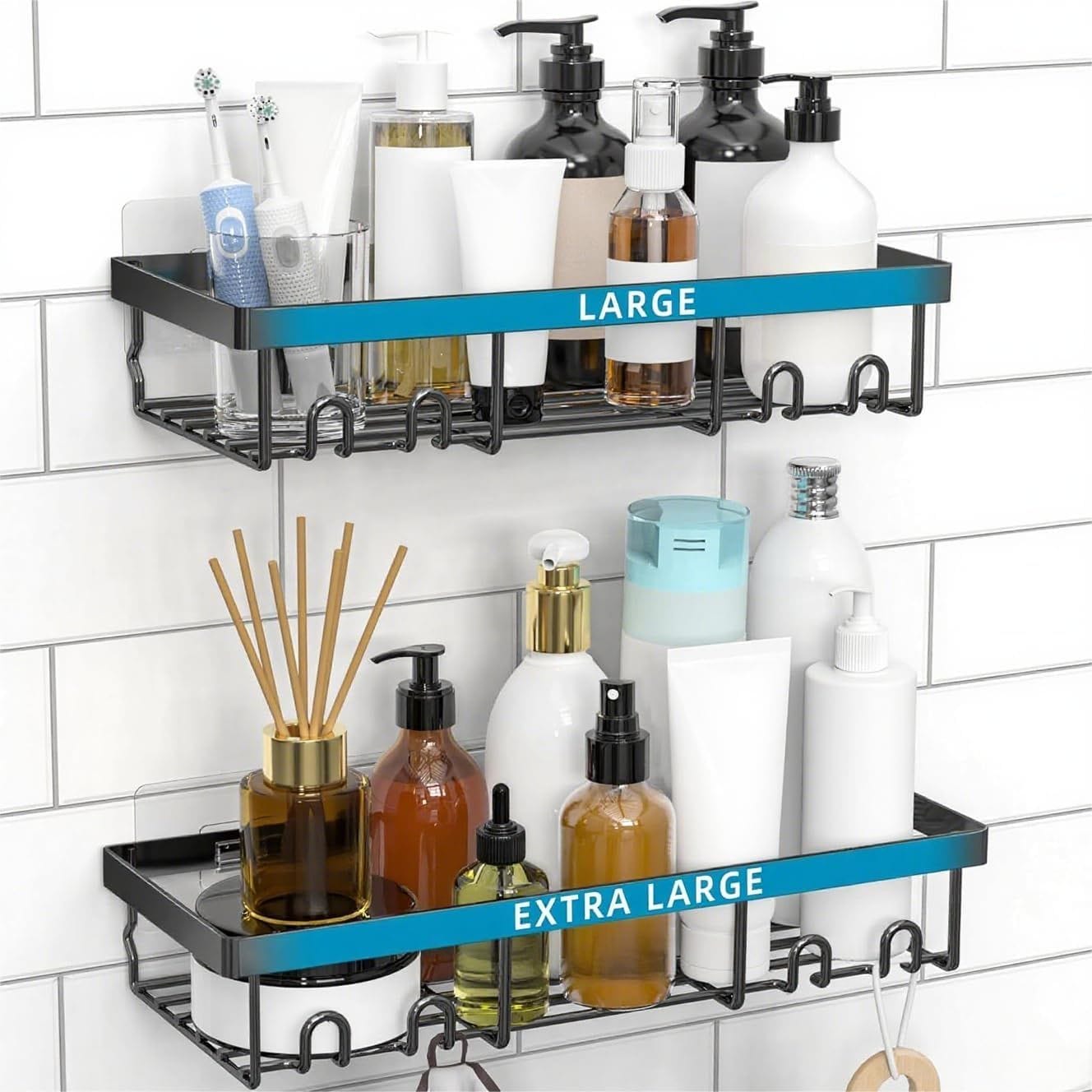 JUSHUA Large Shower Caddy Shelf Organizer Rack Self Adhesive Black Bathroom Shelves Basket Home Farmhouse Wall Inside Organization and Storage Decor Rv Accessories