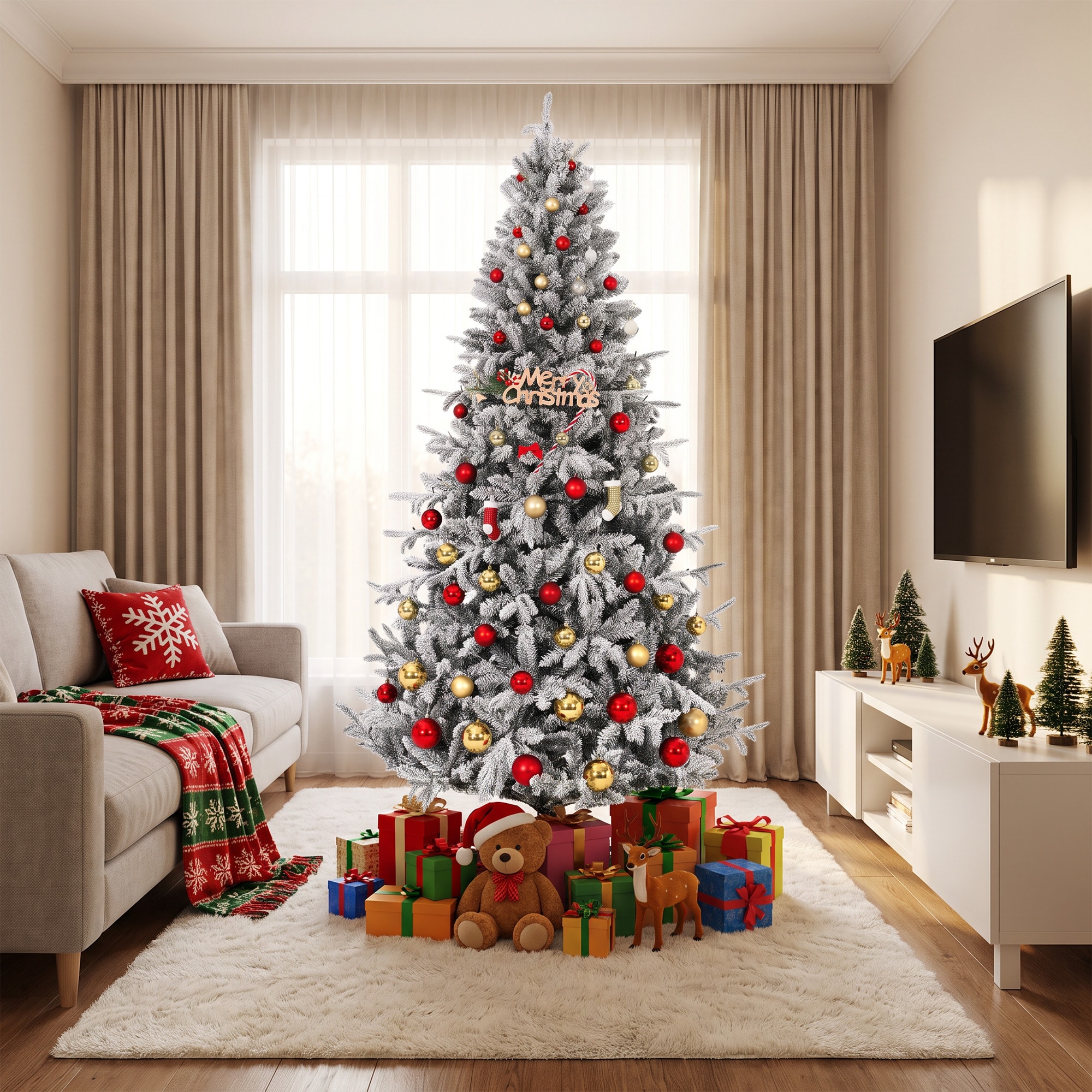 GarveeLife 7.5FT Snow Flocked Pre Lit Artificial Christmas Tree with ...