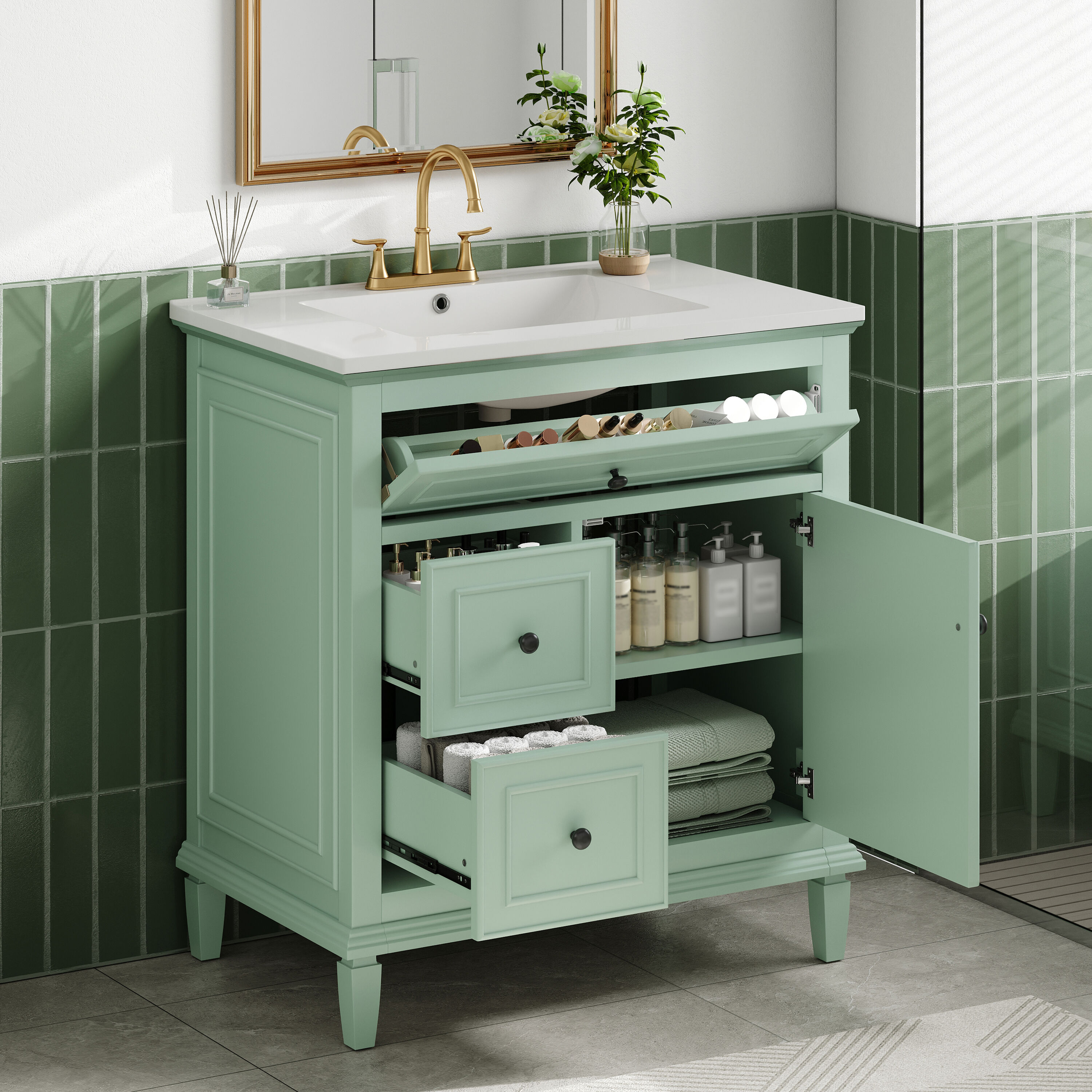 Vynxaria - 30-in Green Single-Sink Freestanding Bathroom Vanity with 1 Door And 2 Drawers and Cer...