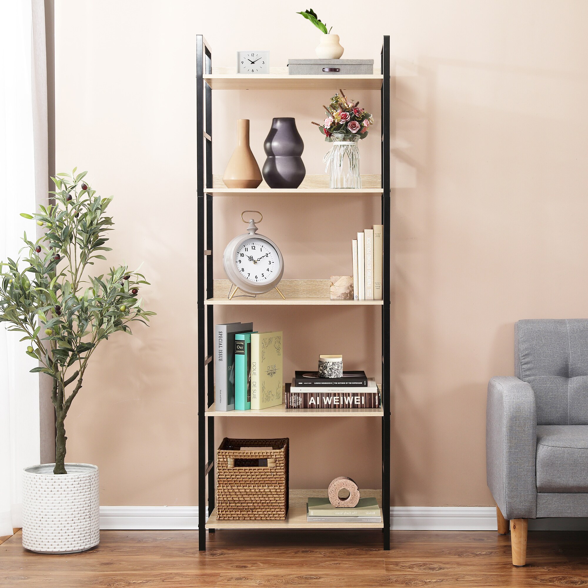 allen + roth Distressed Brown Metal 5-Shelf Bookcase (31.5-in W x 60-in H x  17.75-in D) in the Bookcases department at