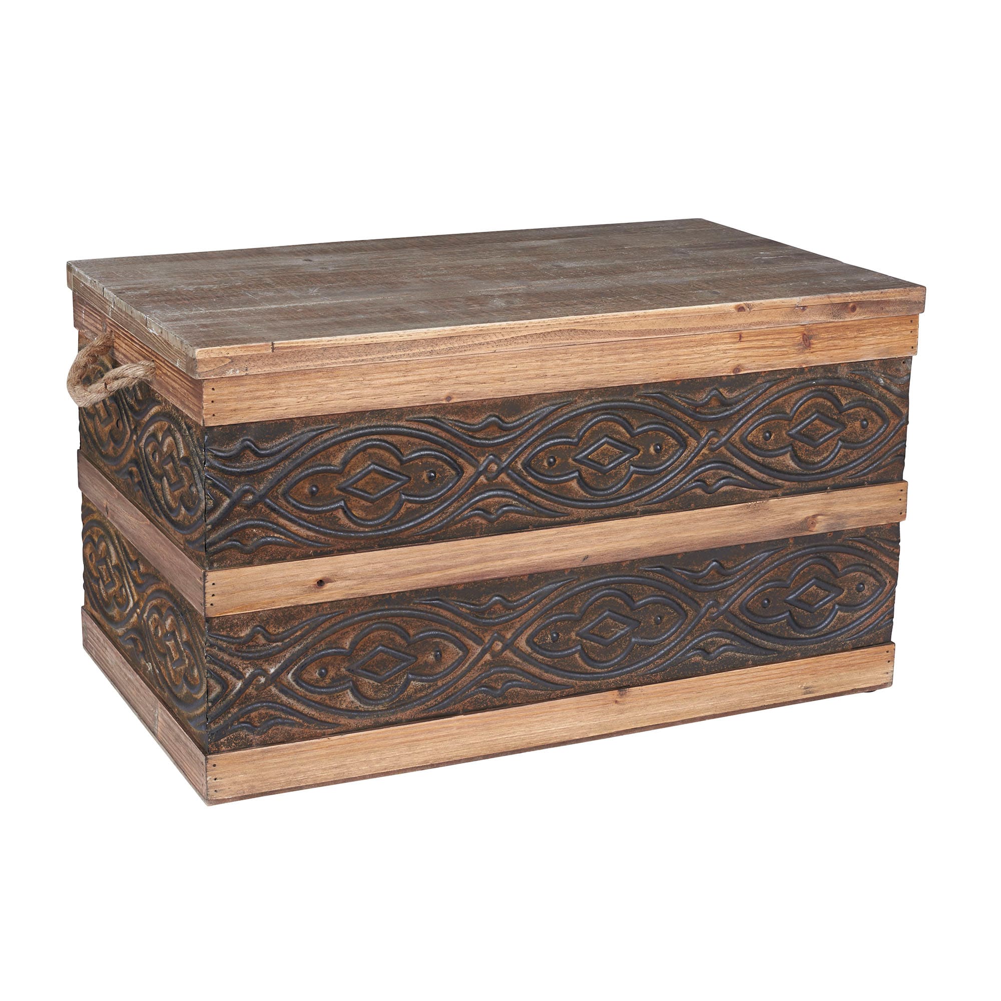 Household Essentials Decorative Trunk Embossed Metal Large Chinese Fir Wood Darkened Interior Rope Handles Flat and Fully Opening Lid Handmade Walnut and Almond Stain #HH9547-1
